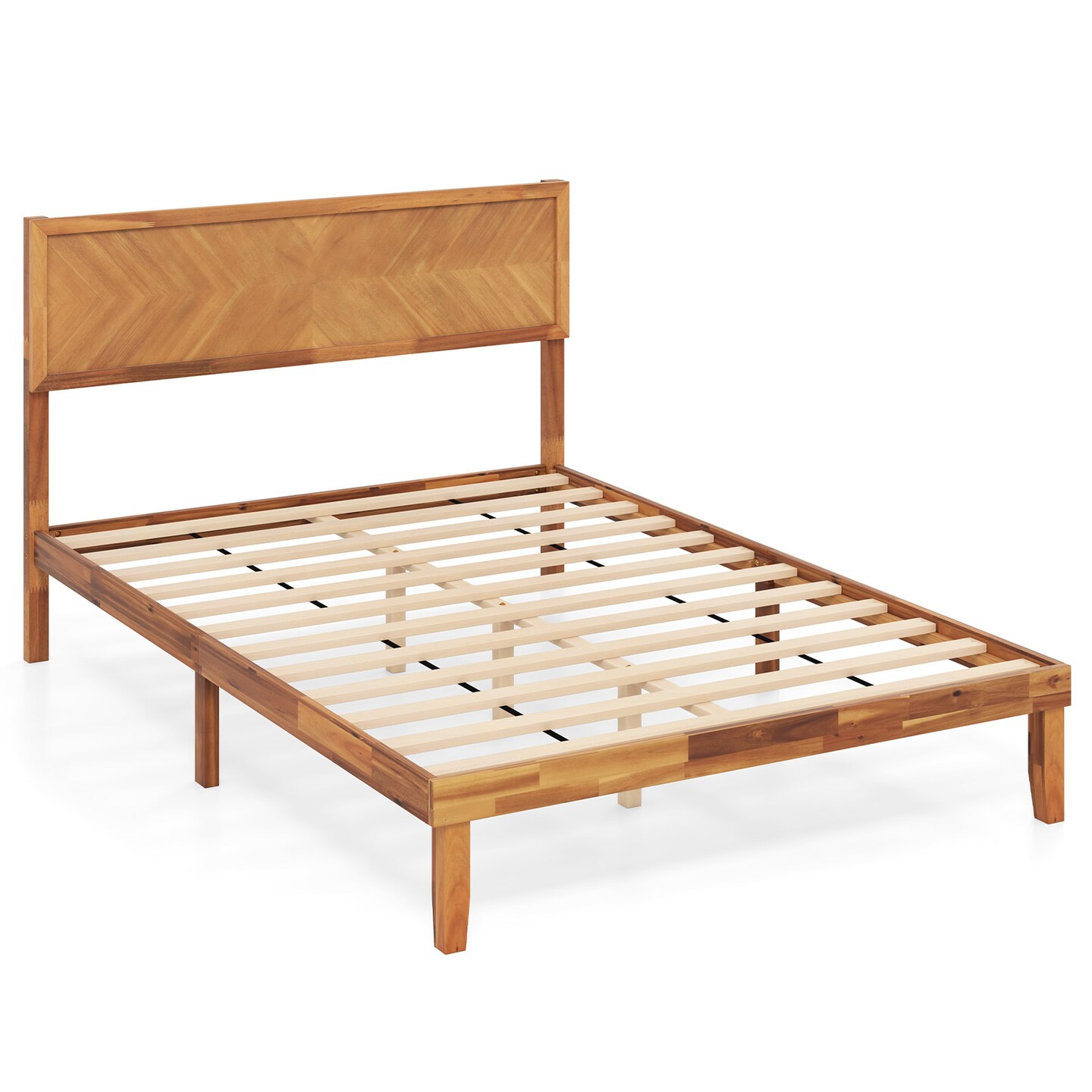 Rustic Golden Brown Acacia Wood MDF Platform Bed Frame with Headboard and Under-Bed Storage