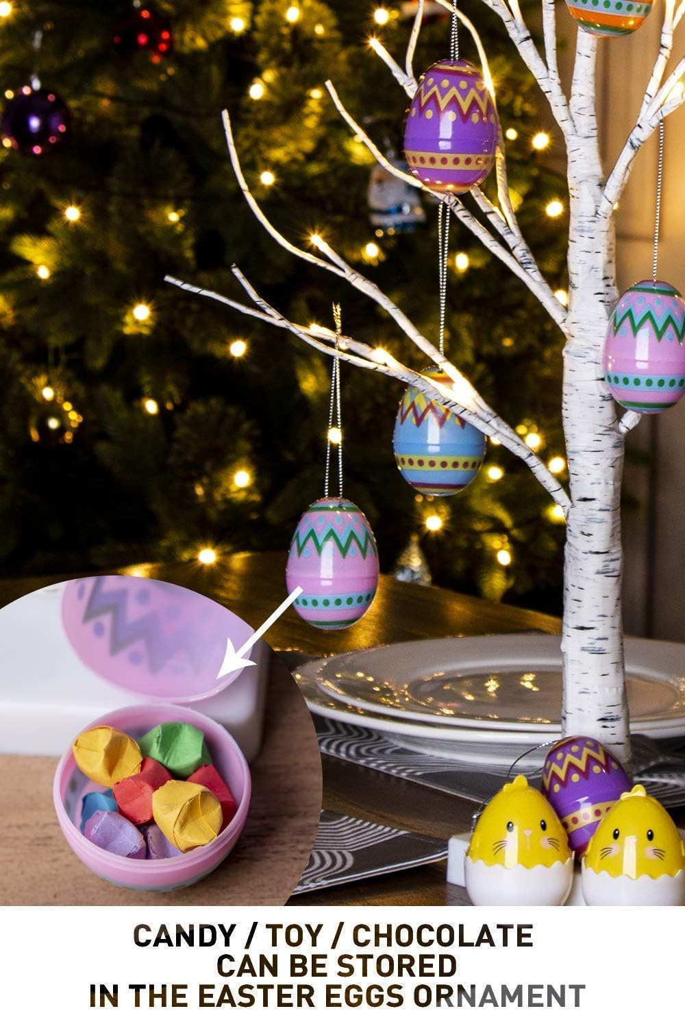 Easter Decorations, Easter Tree with 10pcs Eggs Ornaments, Lighted White Birch Tree with Timer Battery Powered, Twig Tree Tabletop Centerpiece Spring Decorations for Home Kids (2FT/24 LED)
