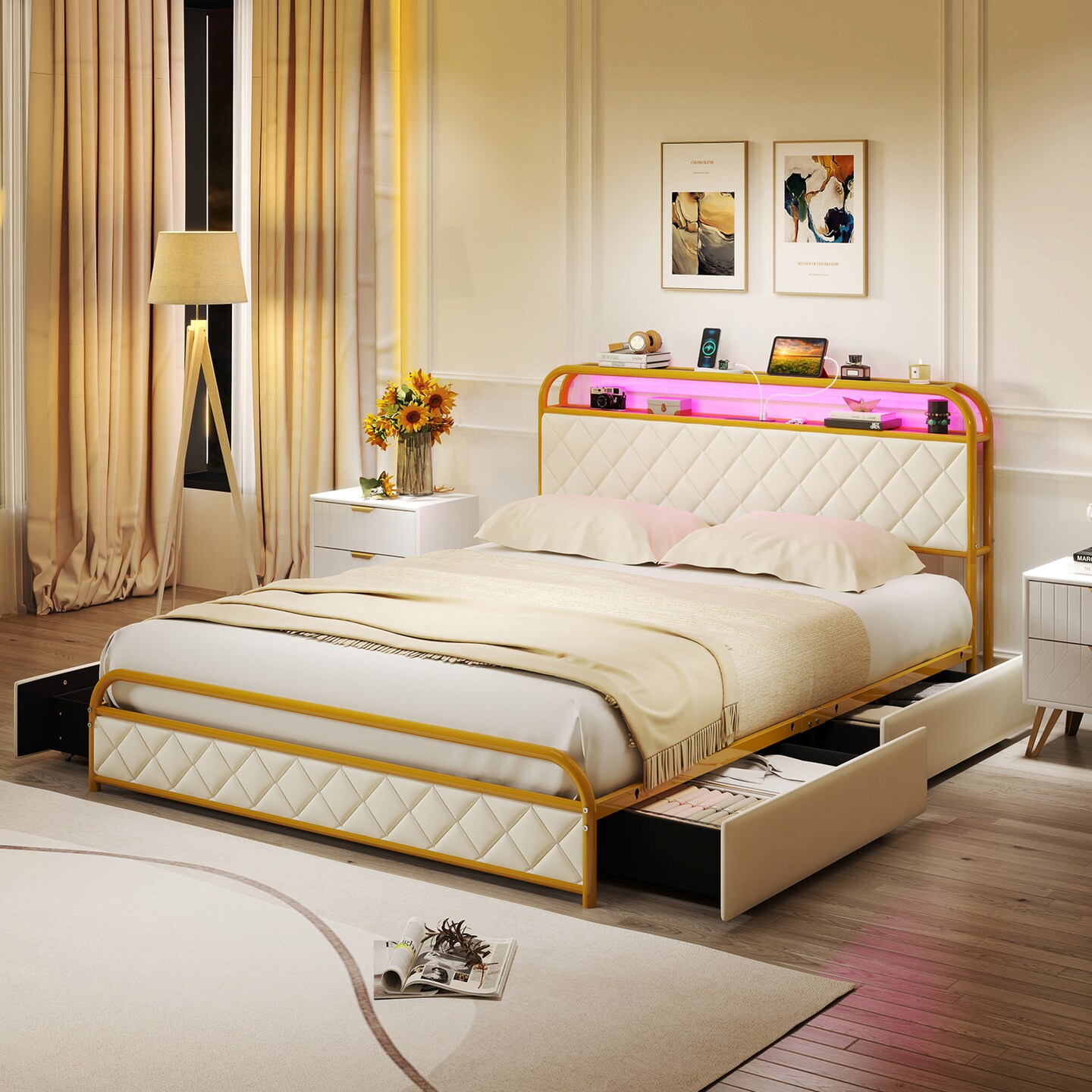 Bed Frame with LED Lights and Charging Station Gold