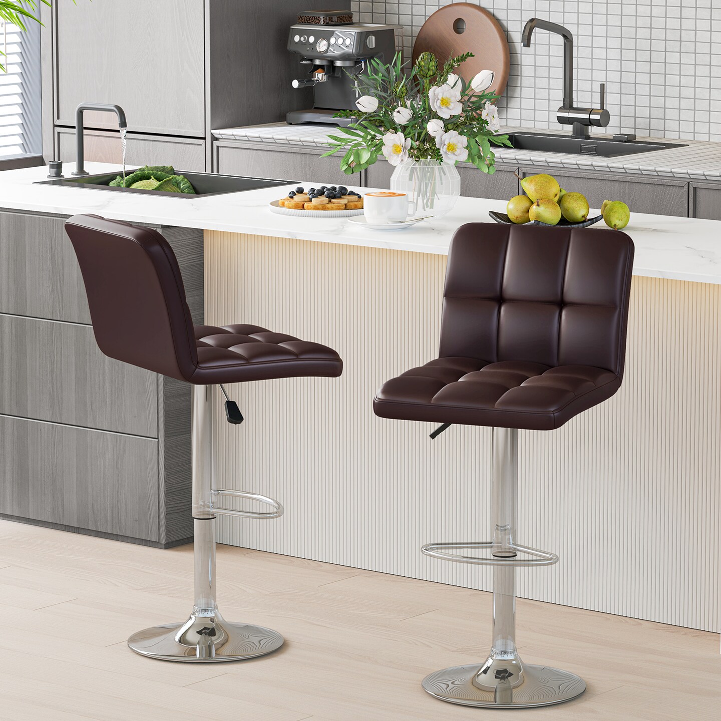 Modern Bar Stools Set of 2 with Back Support, Heavy-Duty Metal Base, Footrest, and Adjustable Height