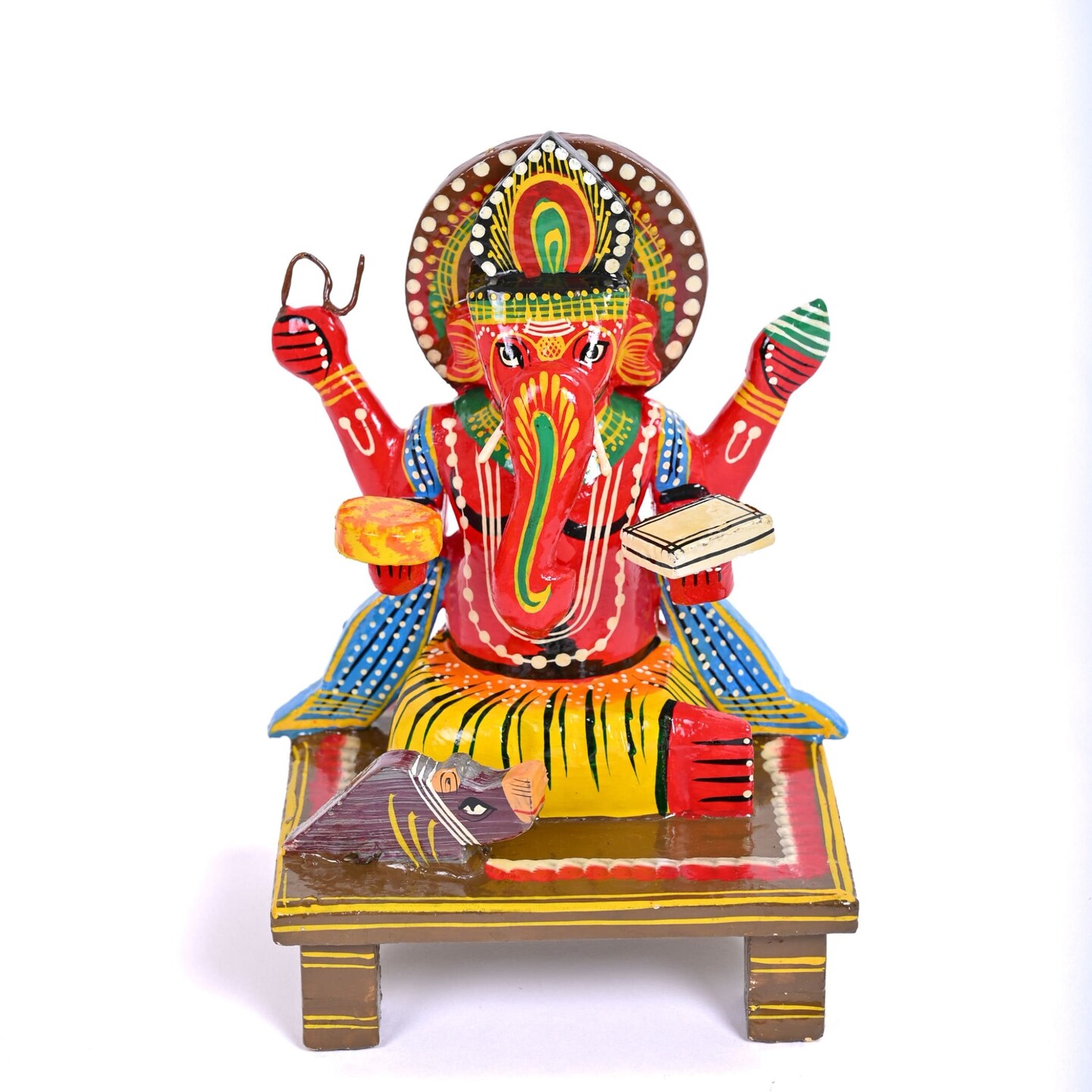 Wooden Ganesha Statue Kondapalli Hand Painted Lord Ganesh Sculpture Gajanana Ganpati Bappa Figurine for Pooja - Home Decor Hindu God Idol Murti Good Luck &#x26; Success (6.8 Inch)