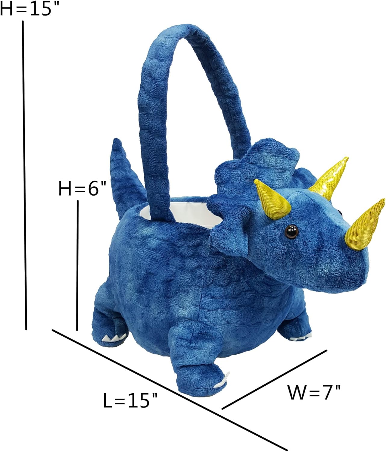 Adorable 3D Dark Blue Plush Triceratops Basket Easter Dinosaur Basket Easter Egg Hunting Basket Halloween Trick or Treat Basket