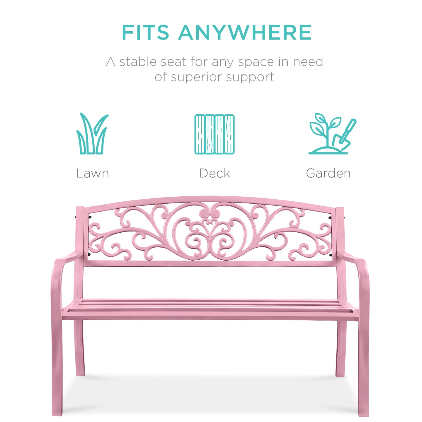 Best Choice Products Outdoor Steel Bench Garden Patio Porch Furniture w/ Floral Design Backrest