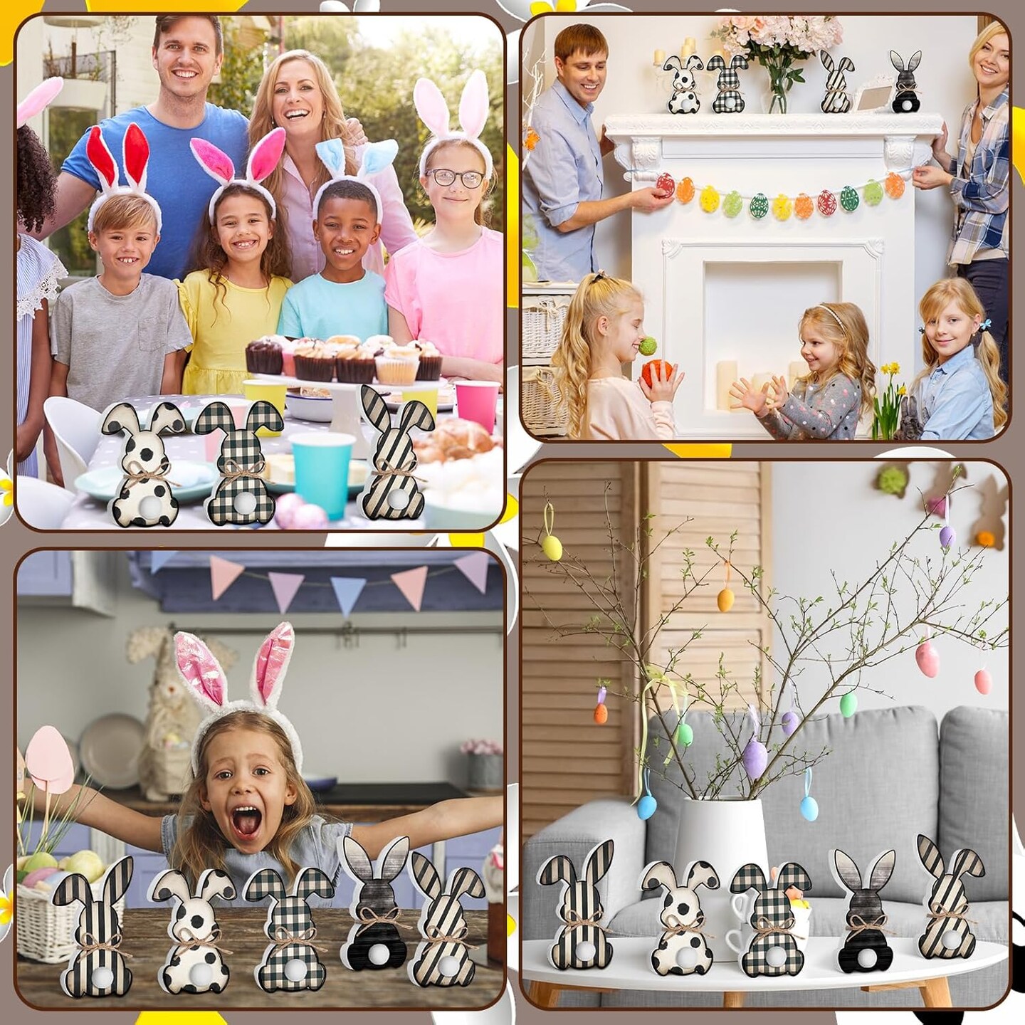 5 Pcs Easter Bunny Wooden Signs Buffalo Plaid Bunny Decor with Jute Rope Easter Decorations for The Home Tabletop Decorations for DIY Home Office Farmhouse