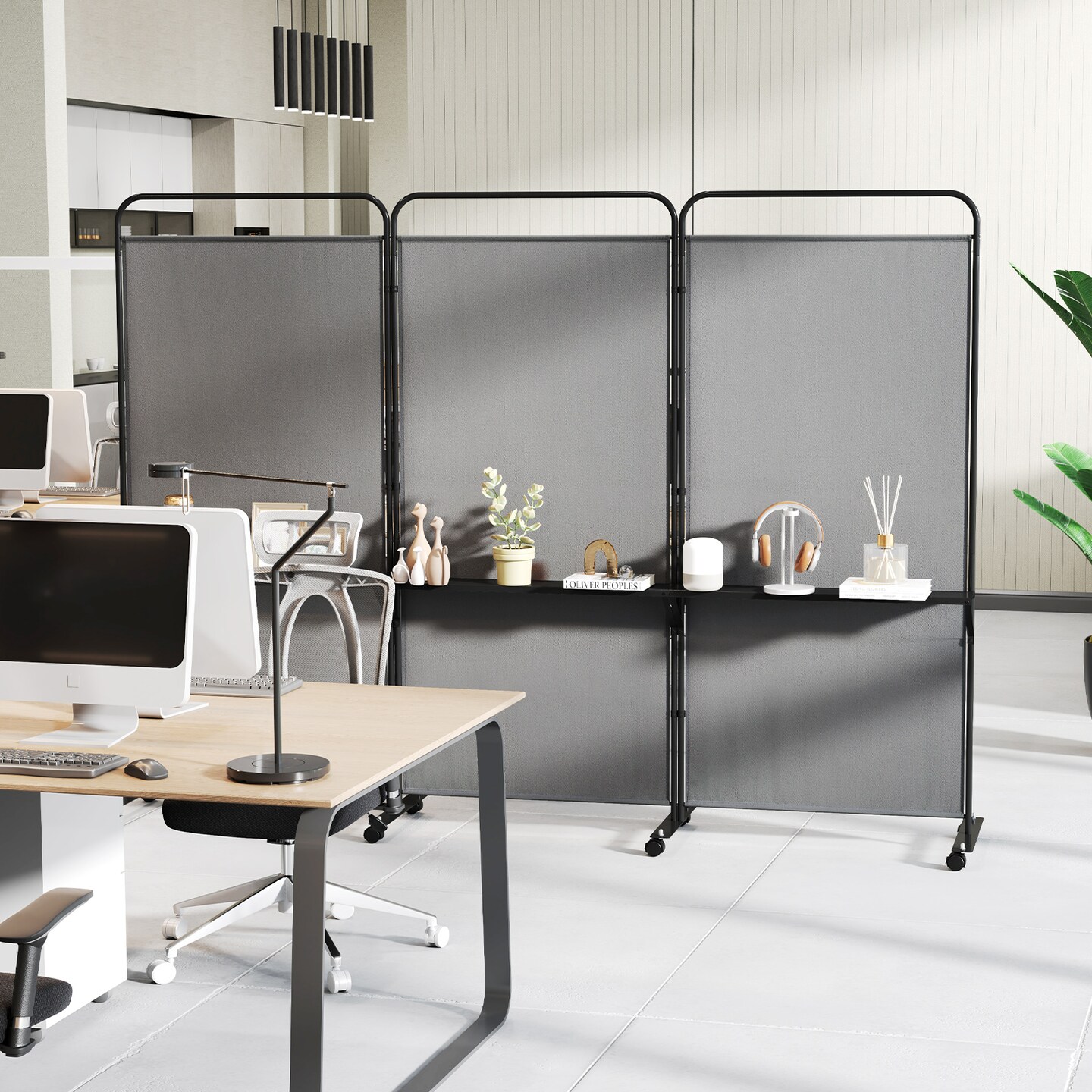 3-Panel Folding Room Divider with 3 Metal Shelves and Lockable Wheels
