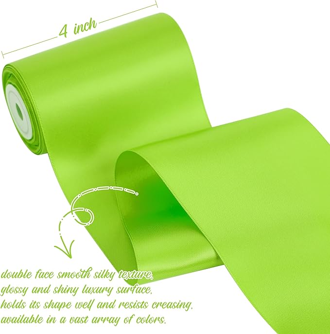 Lime Green Ribbon 4 inch Wide Double-Faced Satin Ribbon for Chair Sashes, Christmas Tree, Large Bows Making, Gift Wrapping, Flower Bouquet, DIY Crafts, Halloween Decor-10 Yards/Roll