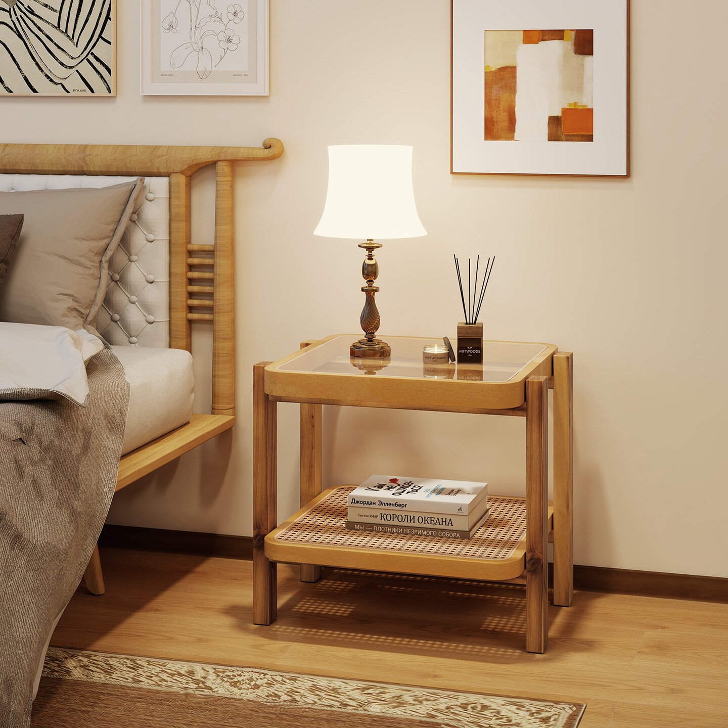 Rattan 2-Tier End Side Table with Tempered Glass Top Acacia Wood Legs-Natural
