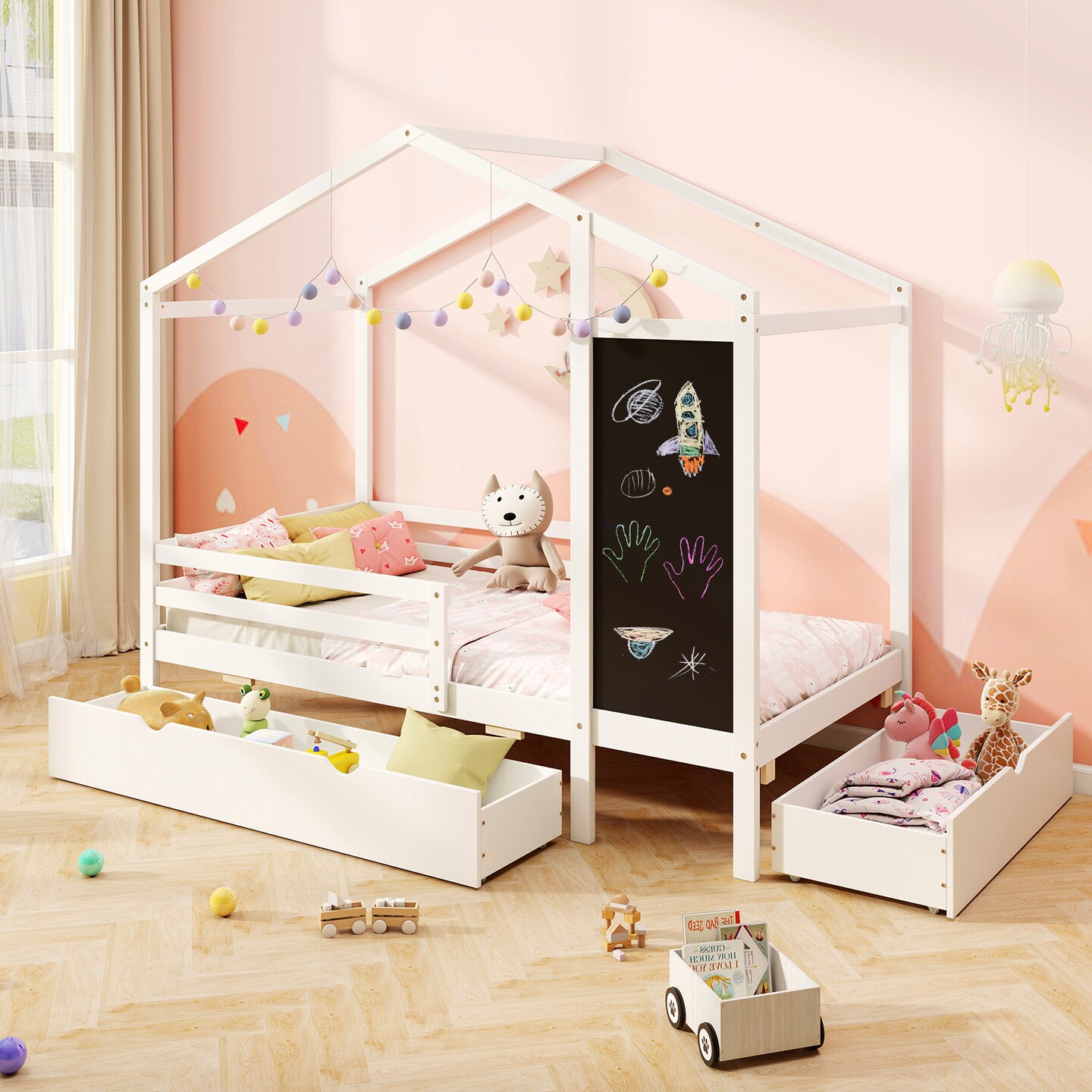 Wooden Twin House Bed with Storage Drawers Blackboard and Guardrails for Kids