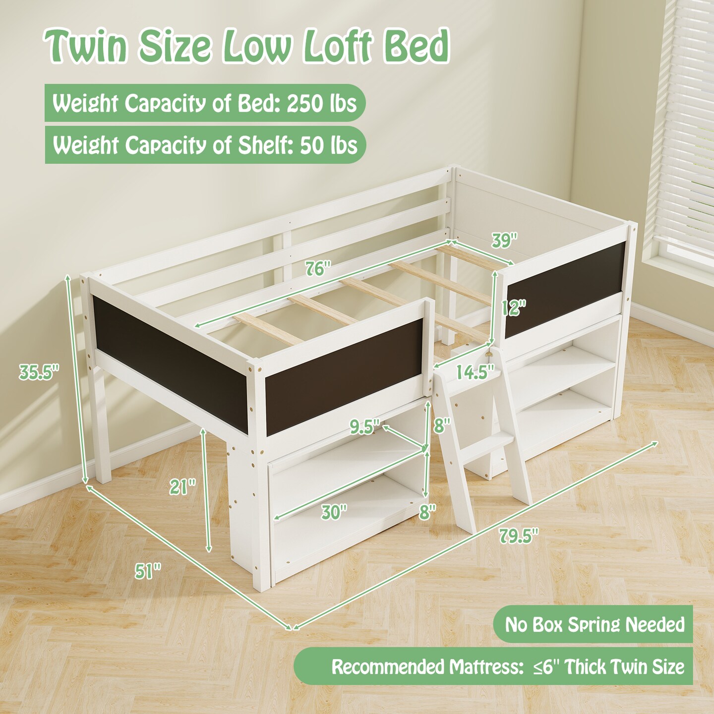 Twin Loft Bed with Chalkboards, Bookcases, Storage Shelf, Guardrails, and Sturdy Wood Construction