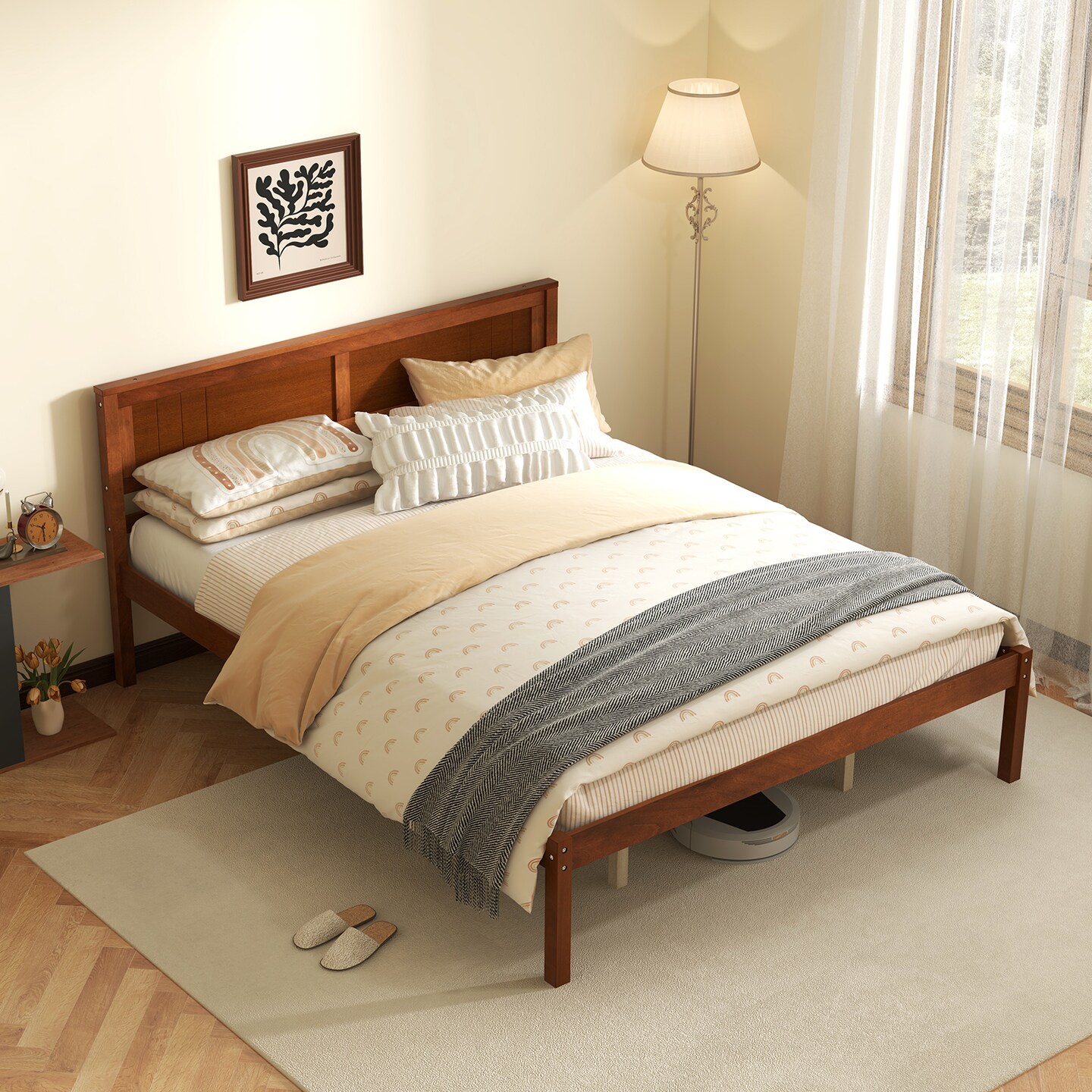 Metal Twin/Full/Queen Size Bed Frame with Wooden Headboard and Slat Support
