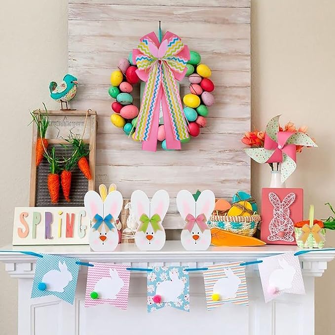 2 Pcs Large Easter Burlap Bow 20 x 10 Inch Wreaths Spring Bunny Rabbit Bows for Gift Wrapping Tree Topper Front Door Party Home Decorations (Easter)