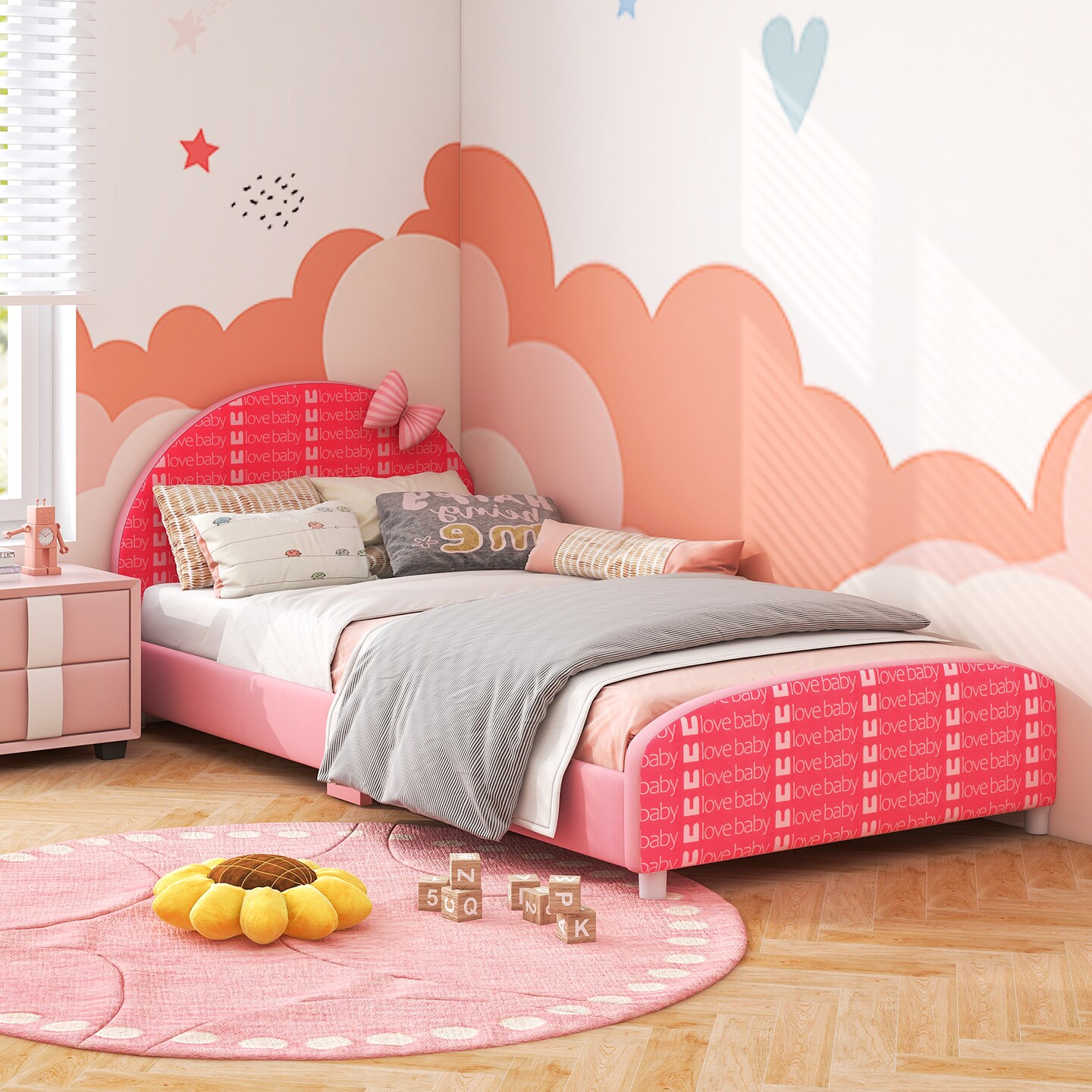 Wood Upholstered Kids Twin Bed Platform with Slat Support