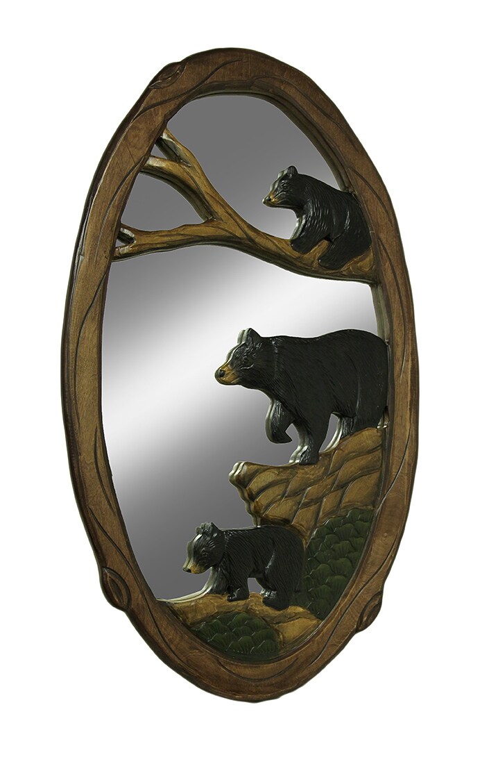 Woodland Black Bear Family Hand Crafted Wooden Wall Mirror 39 in.