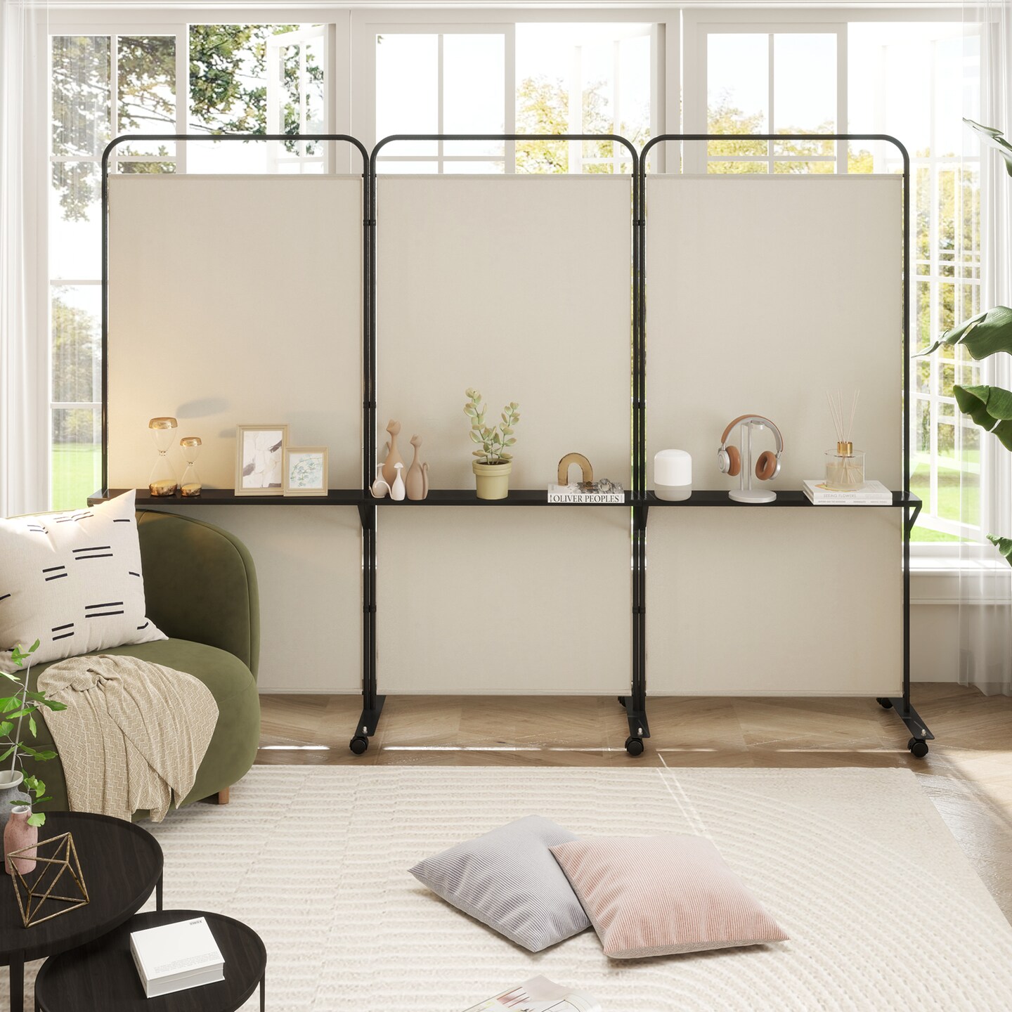 3-Panel Folding Room Divider with 3 Metal Shelves and Lockable Wheels