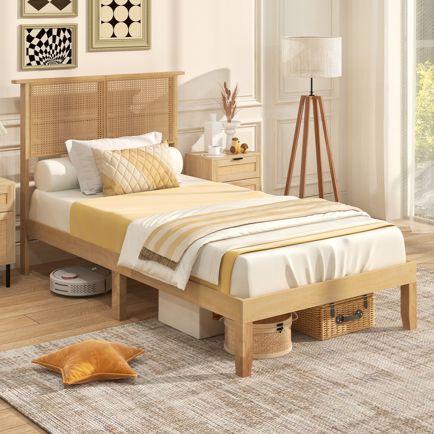 Natural Platform Bed Frame with Rattan Headboard and 12 Wooden Slats