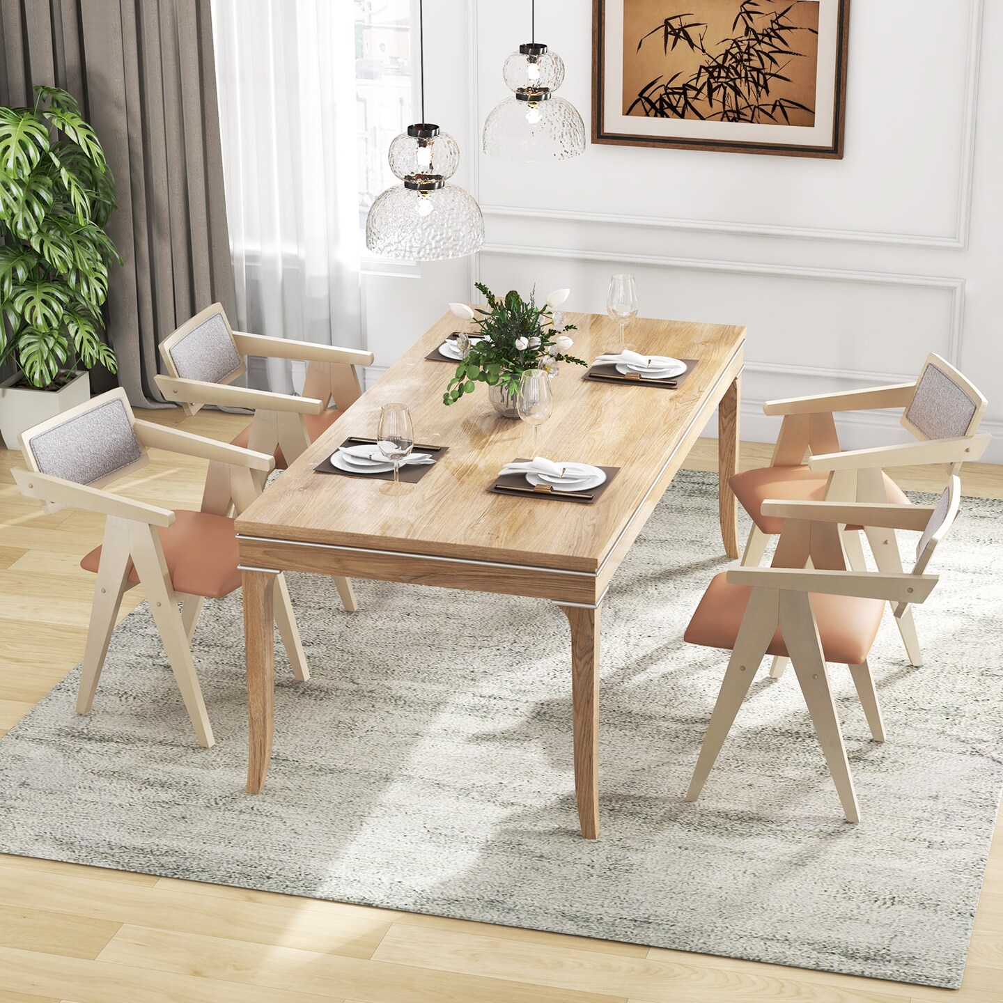 Walnut Wooden Mid-Century Accent Chairs with Leathaire Seat Cushions, Set of 2