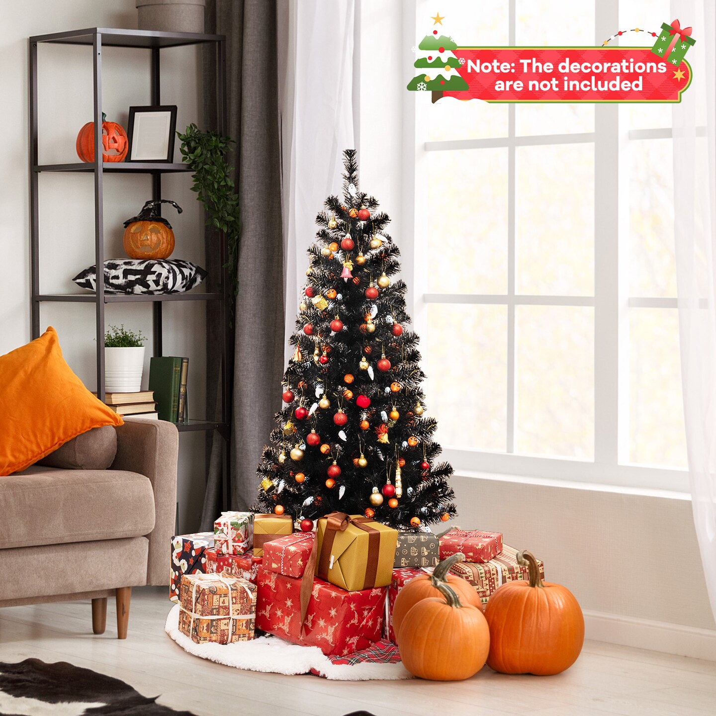 4.5FT Pre-Lit Black Halloween Tree with Ghost & Pumpkin Lights Music and Sensor for Indoor Decor