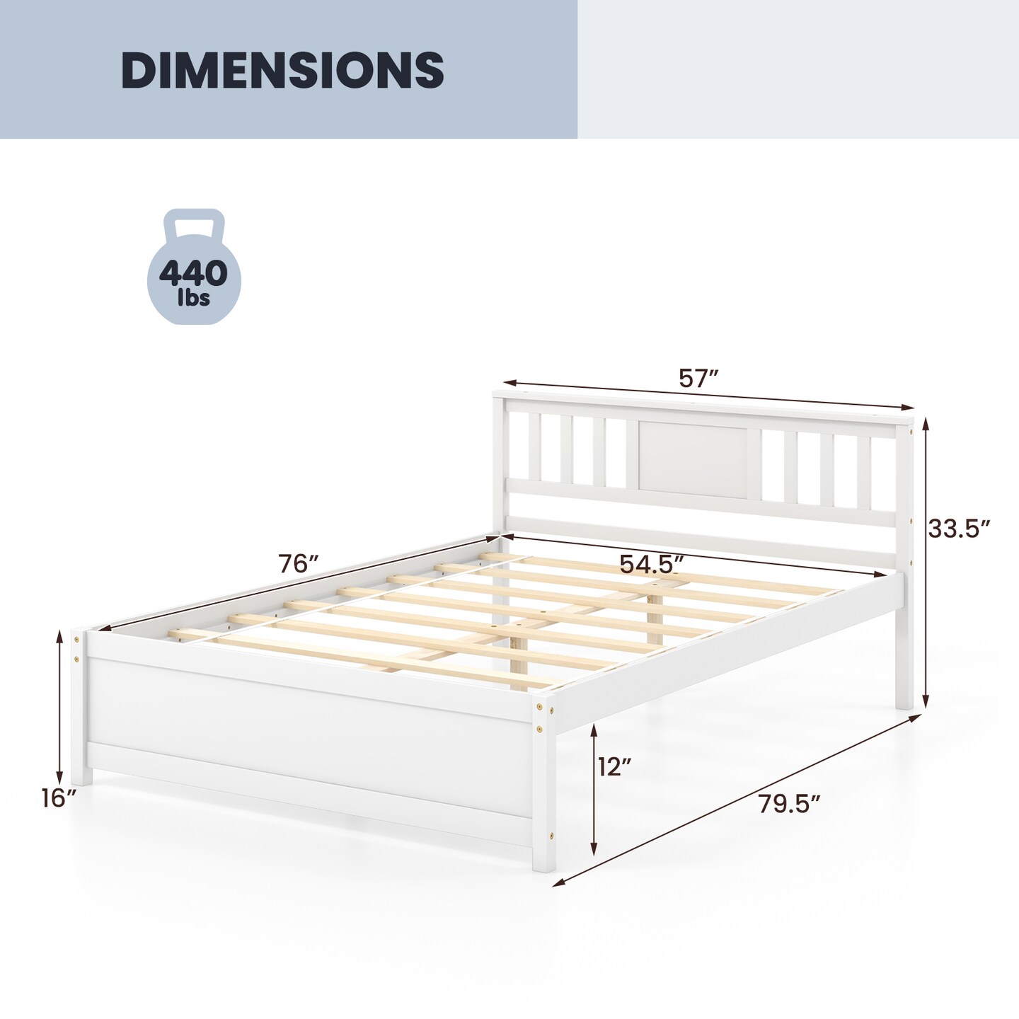 Wooden Platform Bed with Headboard and Wood Slat Support White
