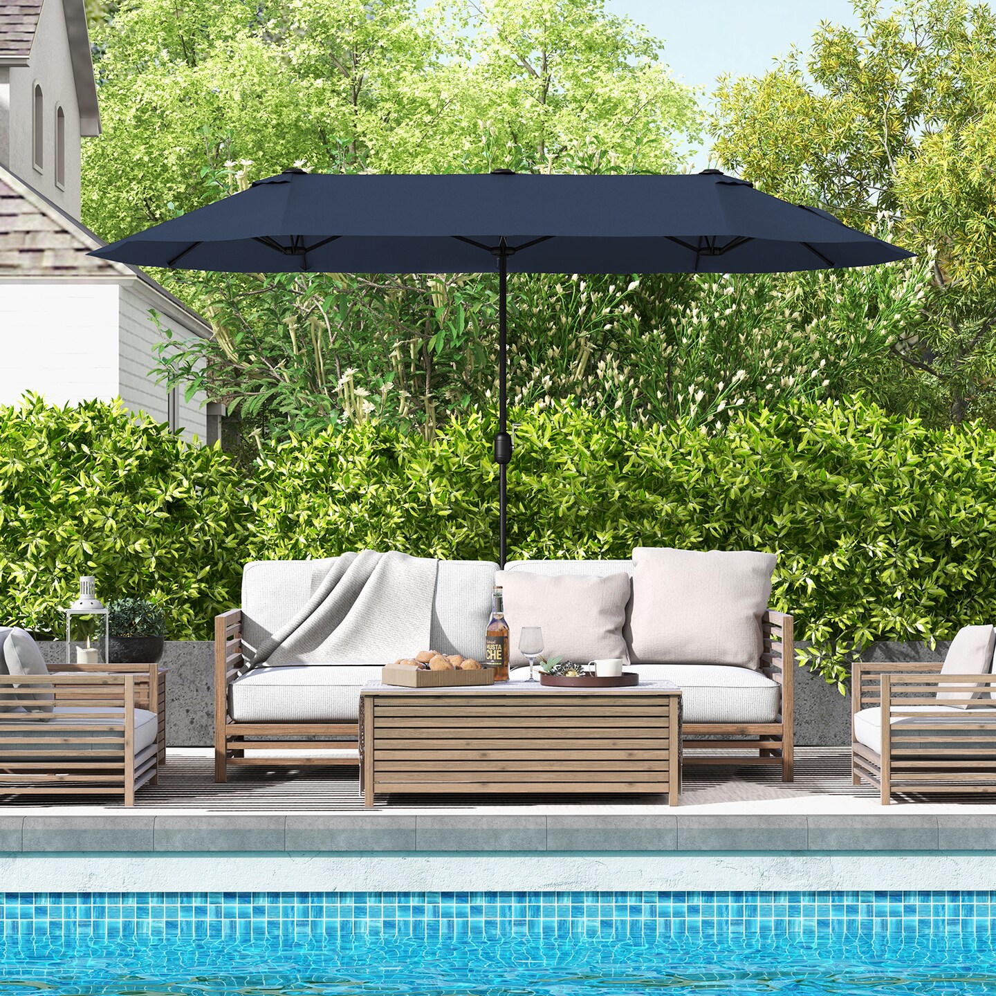 Polyester 13 Feet Double-Sided Patio Twin Table Umbrella with Crank Handle & UV Protection