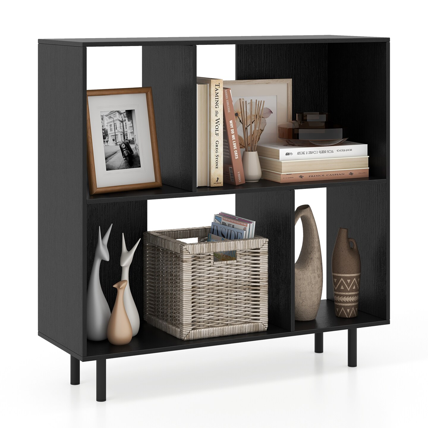 3-Tier Open Shelf Bookcase with 4 Compartments and 4 Metal Support Legs