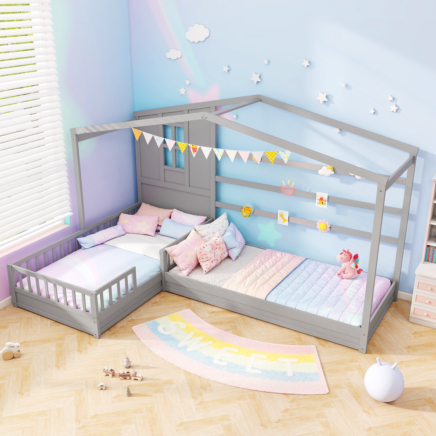 L-shaped Corner Twin House Bed with Guardrails, Creative Roof Design, Solid Wood Frame, and Easy Access