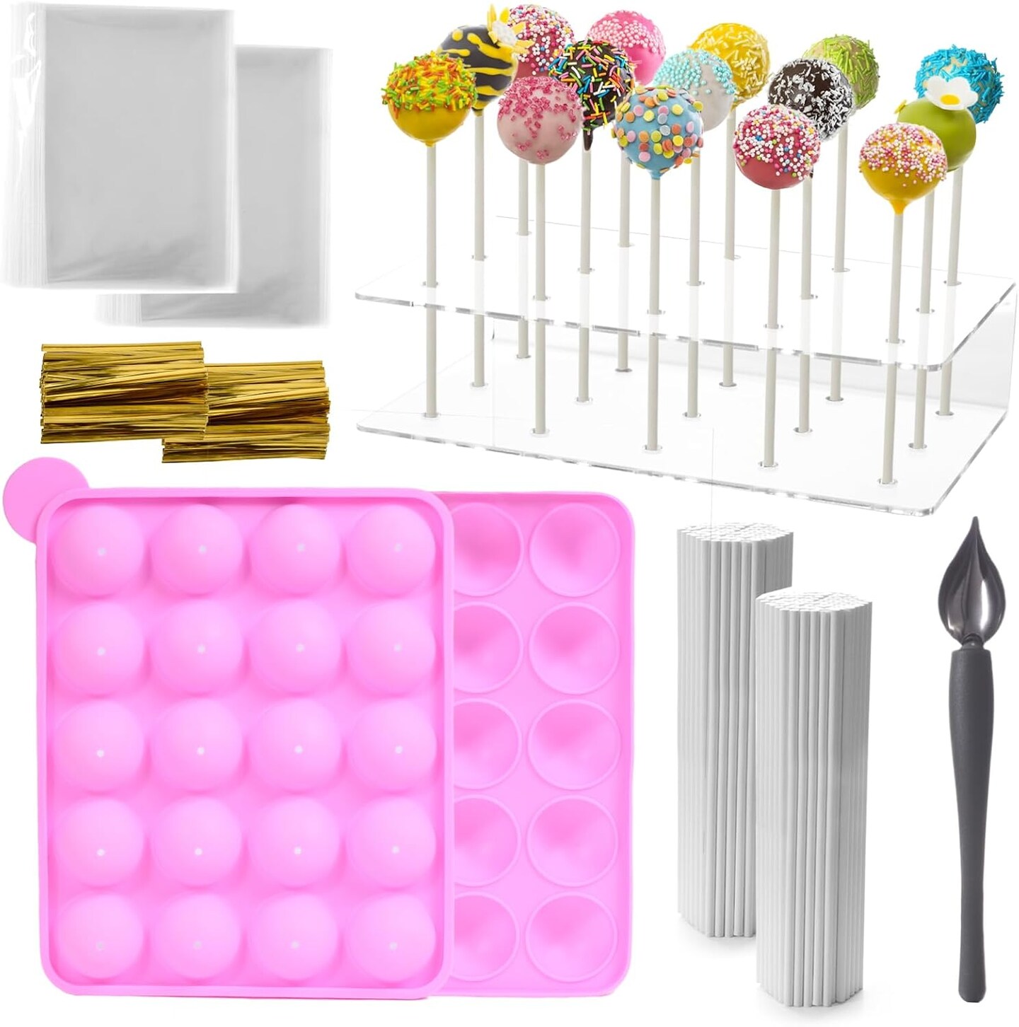 Cake Pop Maker Kit Including Silicone Cake Pop Mold, 6 inch Lollipop Sticks and Wrappers