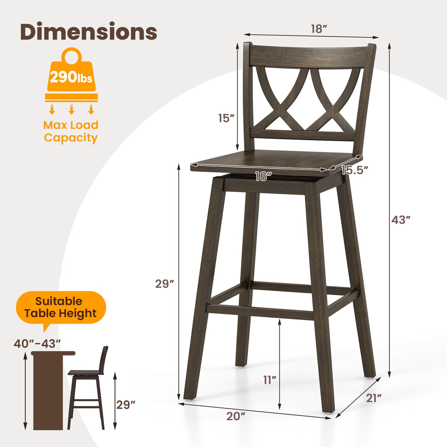 24/29 Inch Bar Stool Set of 2 Wooden Bar Chairs with Rubber Wood Frame, Adjustable Height, Modern Design