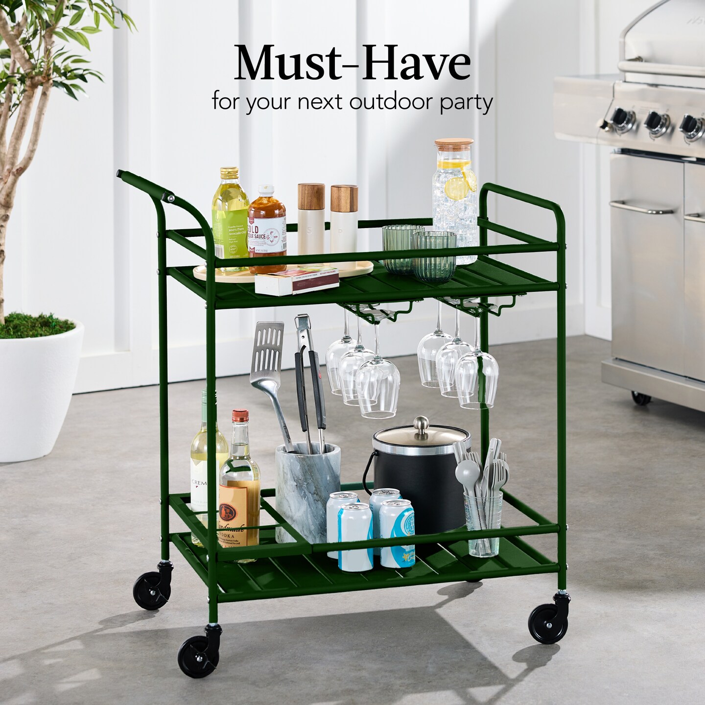 Best Choice Products 2-Tier Rolling Bar Cart Indoor/Outdoor w/ Storage Shelves, Wine Rack, Lockable Wheels