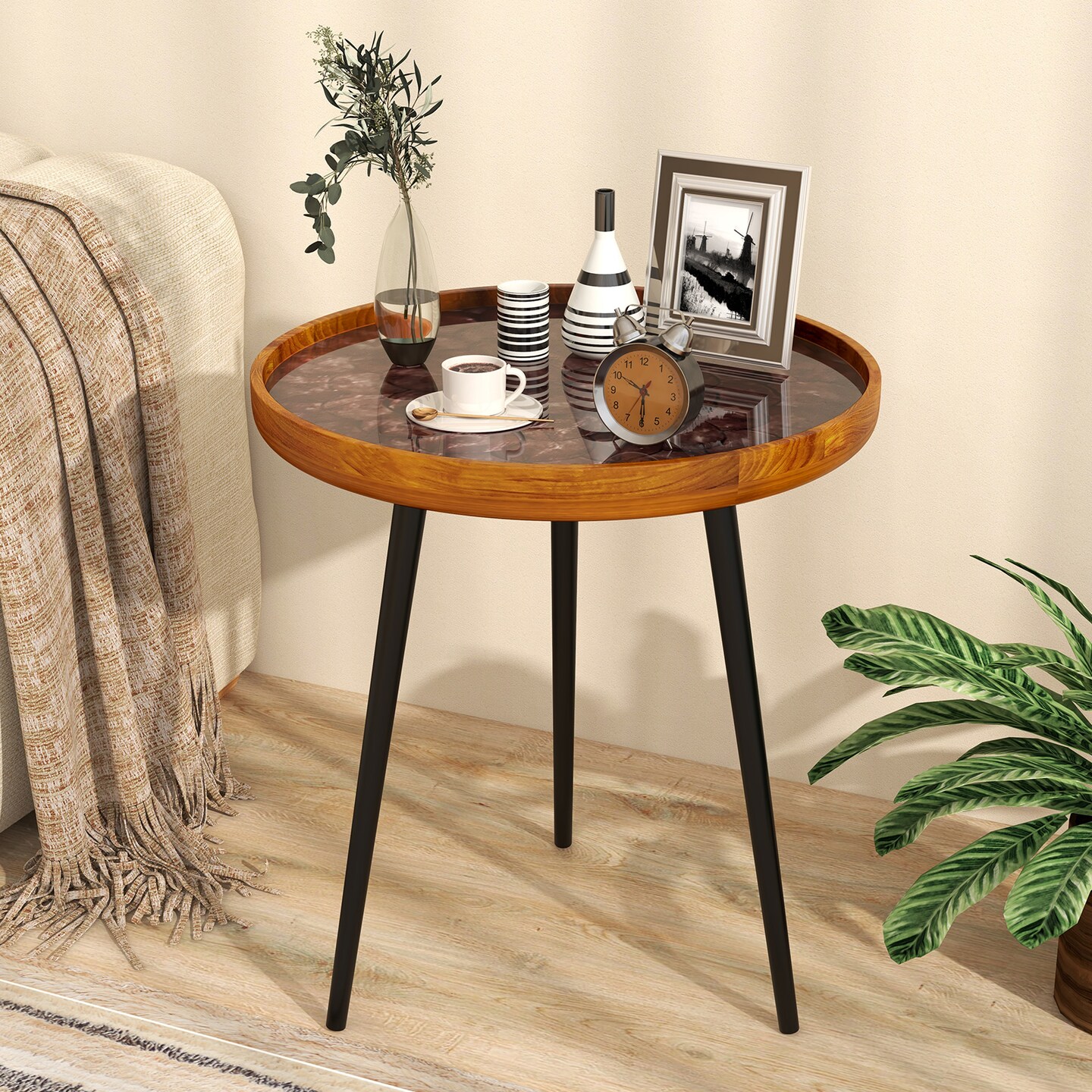 Brown Epoxy Resin Round End Table with Sea Shell Decoration – 16/20 Inch