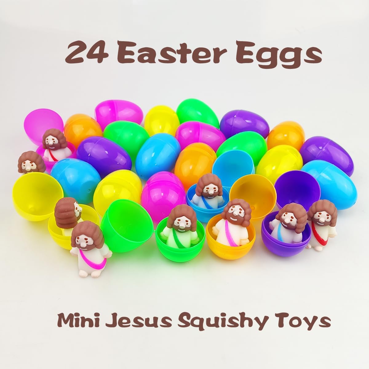 24 Pack Plastic Prefilled Easter Eggs with Mini Jesus Mochi Squishy Toys Inside