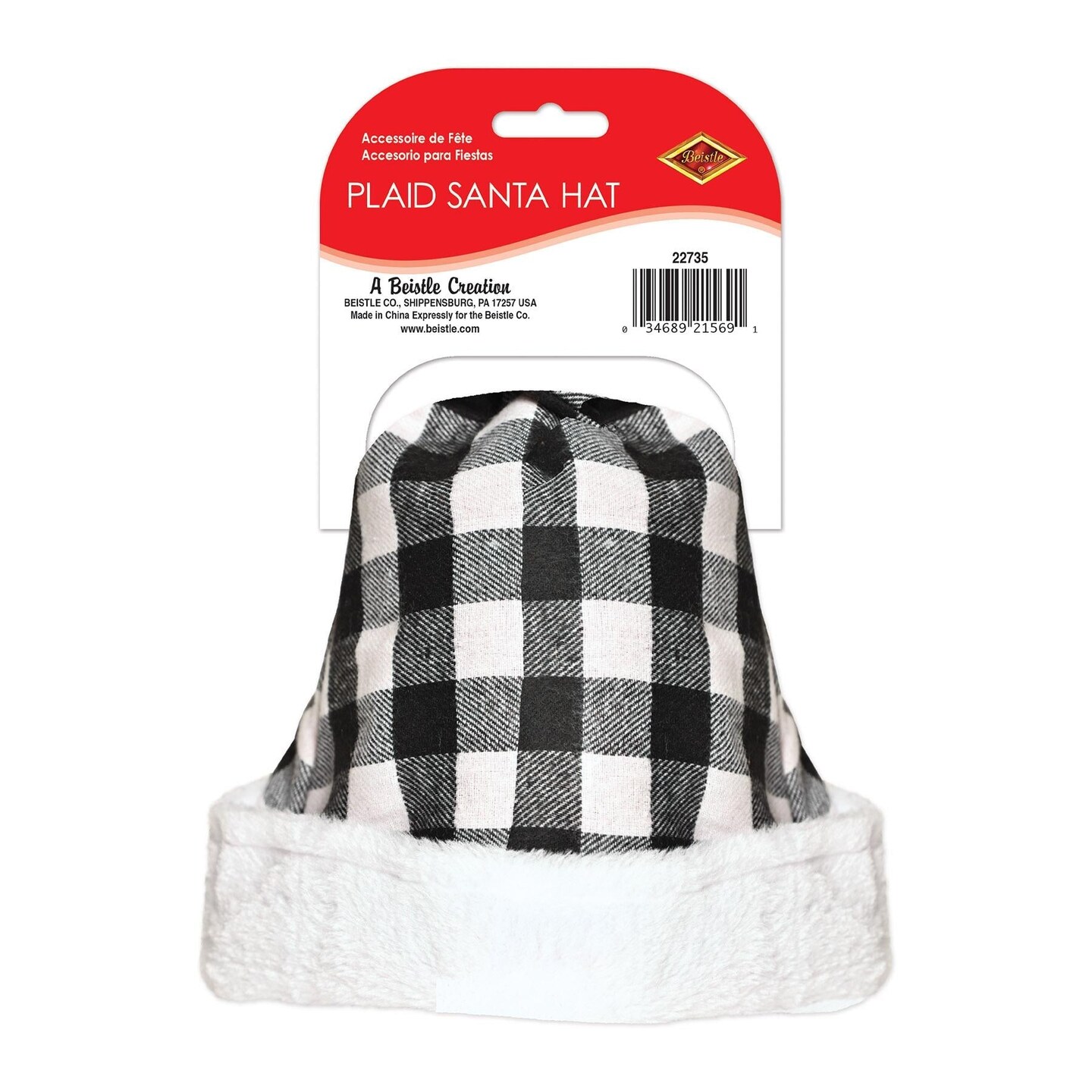 12 Pack Beistle Christmas Plaid Santa Hat - Black &#x26; White