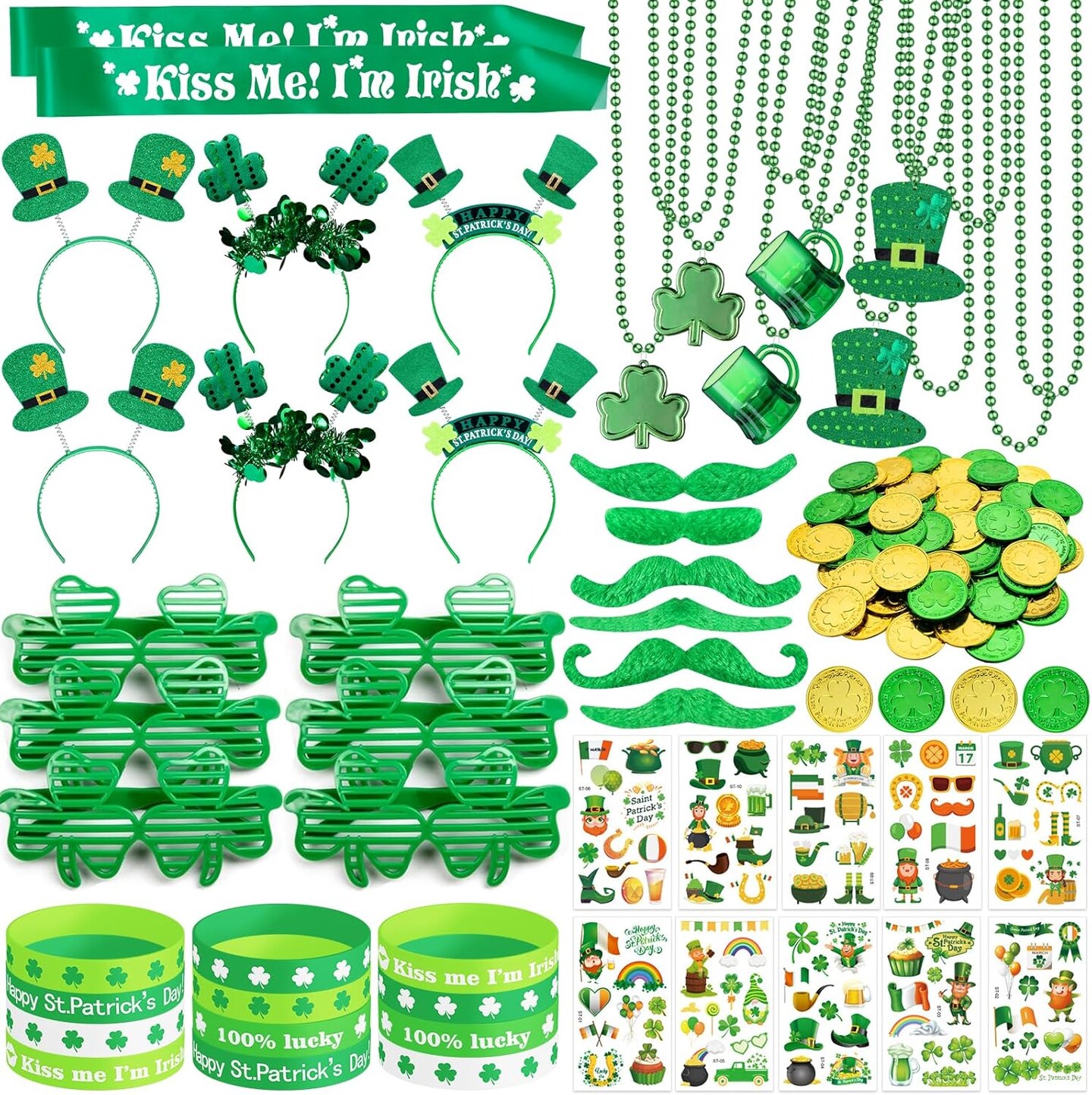 180Pcs St. Patrick&#x27;s Day Accessories Party Favor Set, Tattoo Stickers, Necklaces, Bracelets, Shamrock Glasses, Headbands, Mustaches, Coins and Kiss Me I&#x27;m Irish Sash for Irish Party Supplies