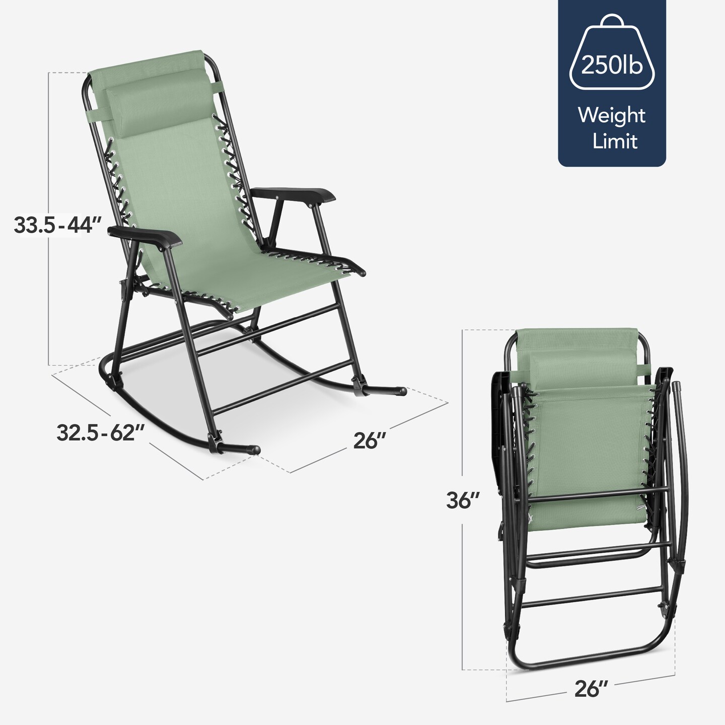 Best Choice Products Folding Outdoor Zero Gravity Rocking Lounge Chair w/ Headrest Pillow