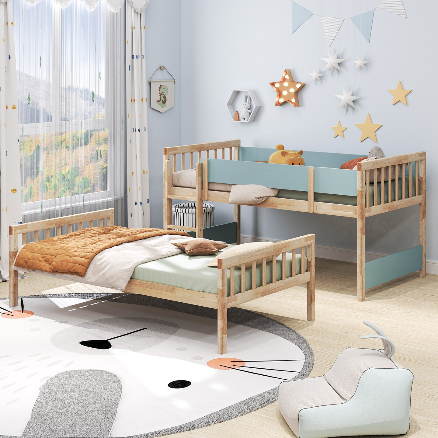 Wooden Twin Over Twin Convertible Bunk Bed with Guardrails and Under-bed Storage