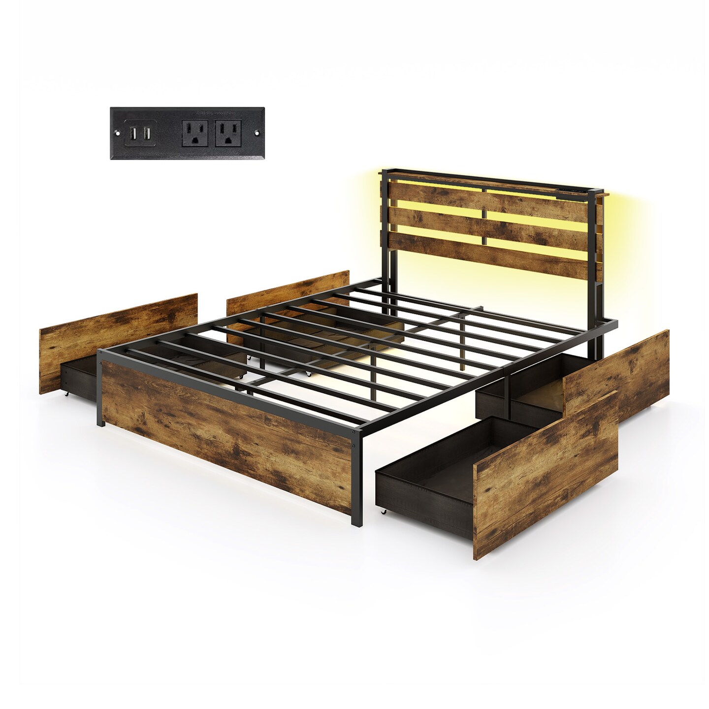Rustic Brown Platform Bed Metal Frame with Drawers LED Lights and USB Ports
