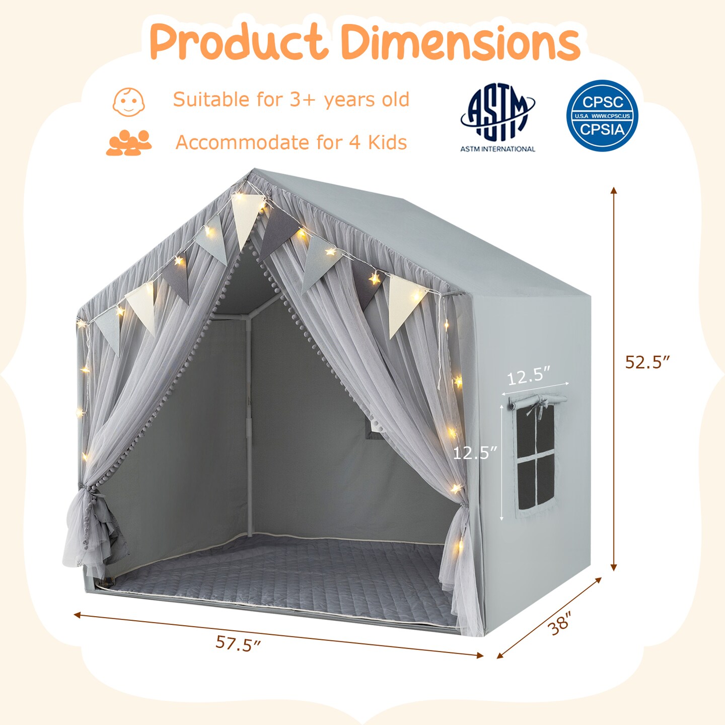 Fabric Large Toddler Playhouse Tent with Door, Curtains, and Windows