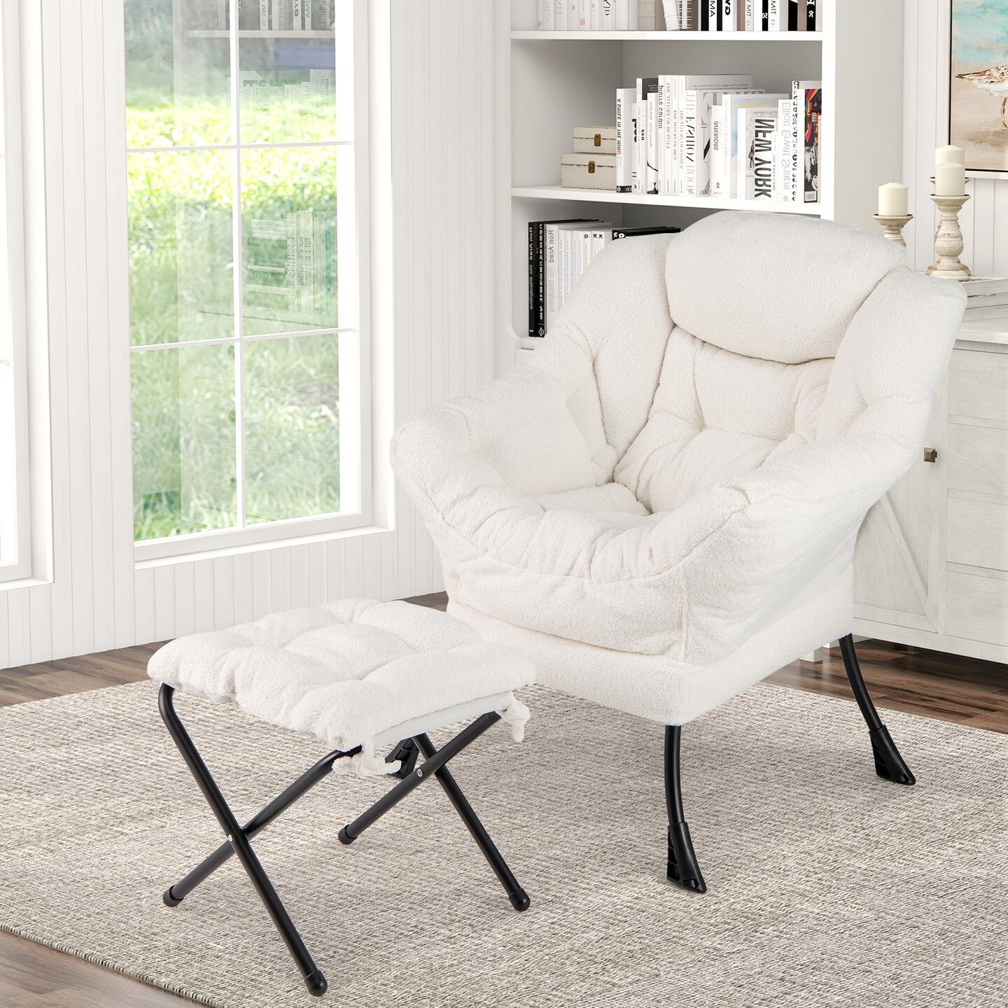 Fabric Modern Accent Chair with Folding Footrest and Removable Head Pillow for Living Room