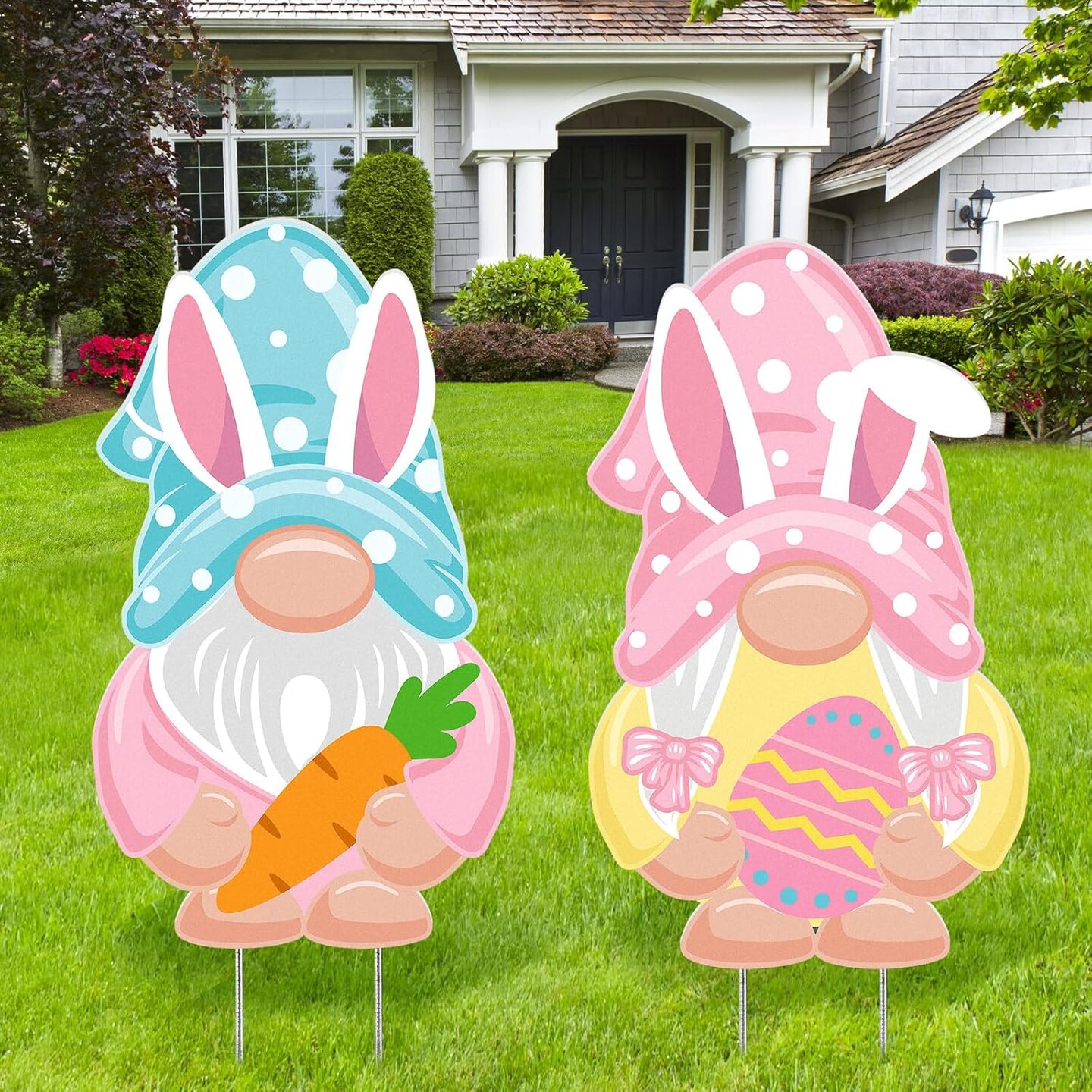 2 Pcs Easter Metal Decorations 16 Inch Yard Stakes Sign Metal Bunny Egg Gnome
