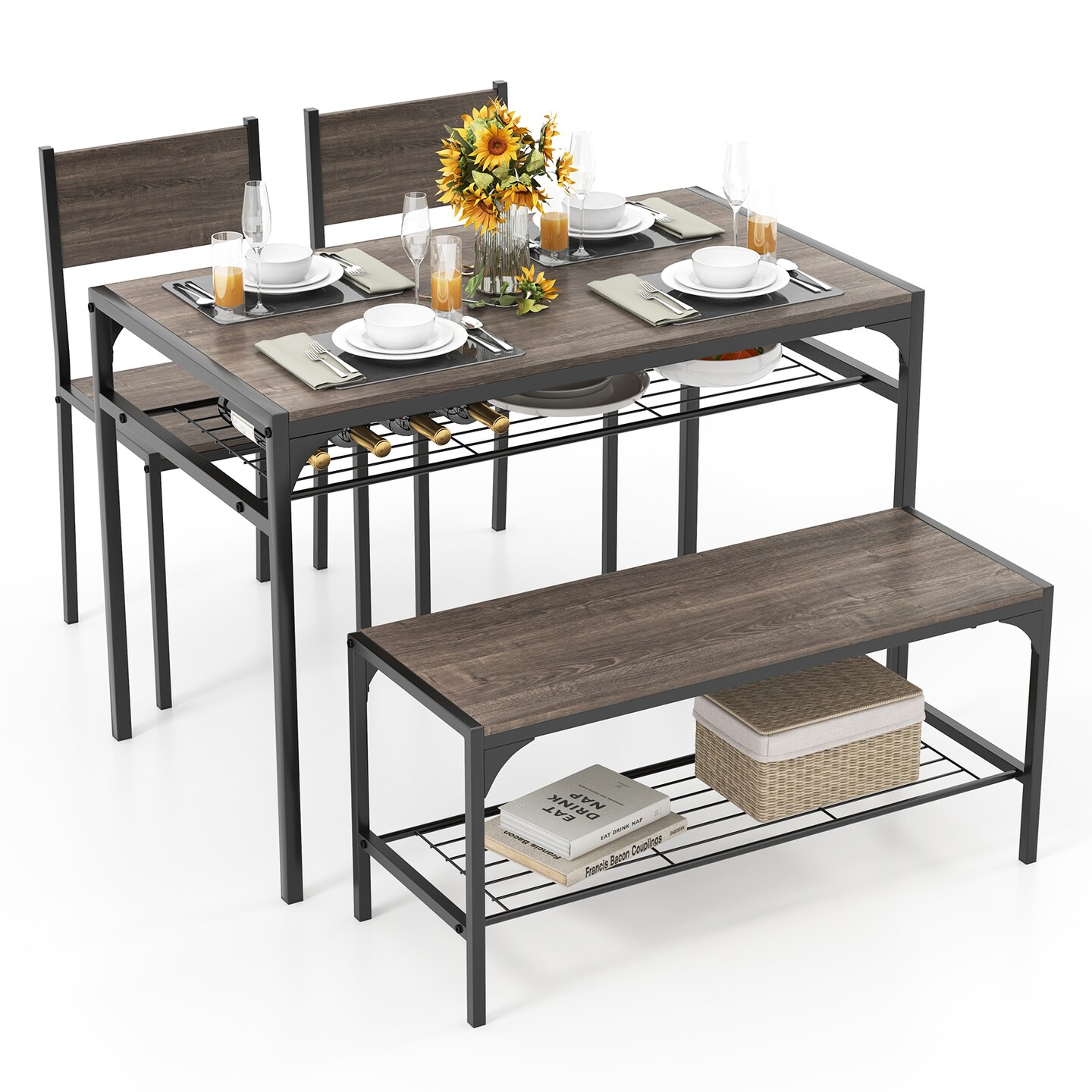 Wood Industrial Rectangular Dining Table with Bench and Metal Chairs