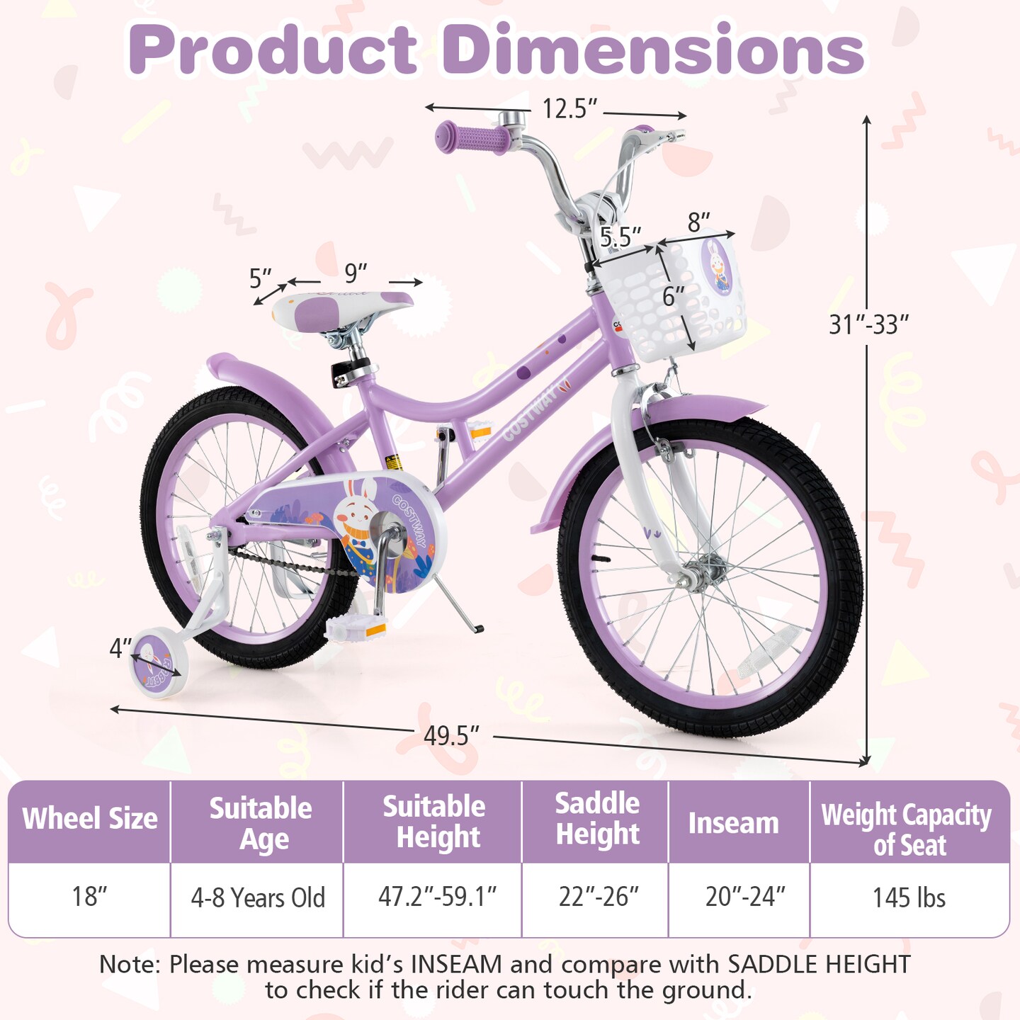 18 Inch Pink Girl Bike with Basket, Detachable Training Wheels for Kids 4-8 Years Old