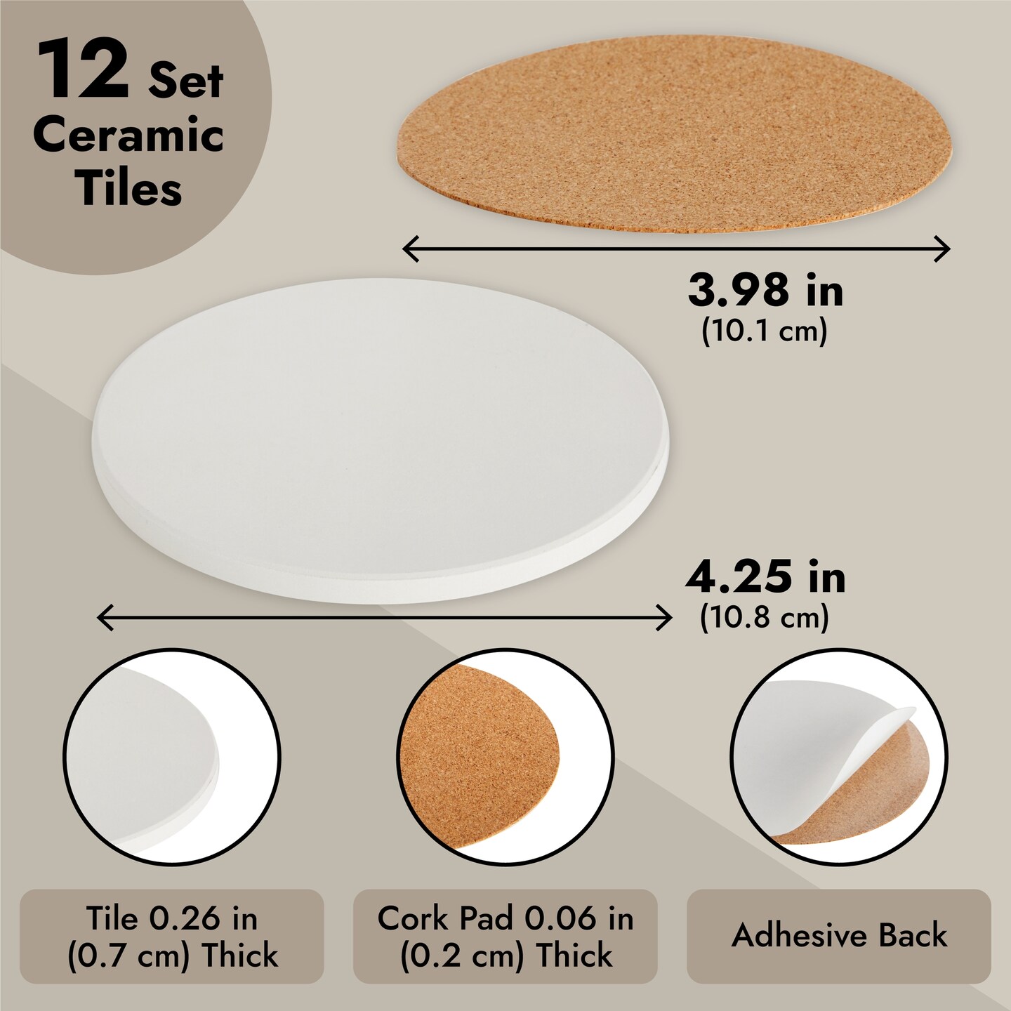 12 Round Unglazed Ceramic Tiles for Crafts with 12 Cork Pads for DIY Coasters, Acrylic Pouring, Alcohol Ink, White Blank Coasters for Painting, Art Projects (4.2 In)