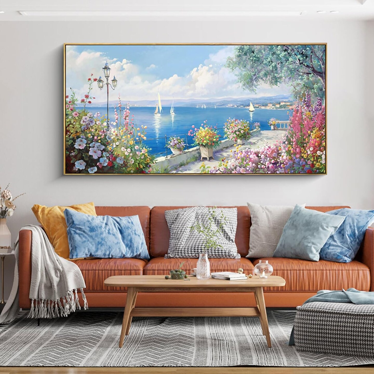Blue Coastal Wall Art - Ocean Seascape Canvas Yellow Green Flowers Painting Landscape Sailboat Picture Artwork Modern Large Framed for Living Room Bedroom Home Office Decor 20&#x22;x40&#x22;