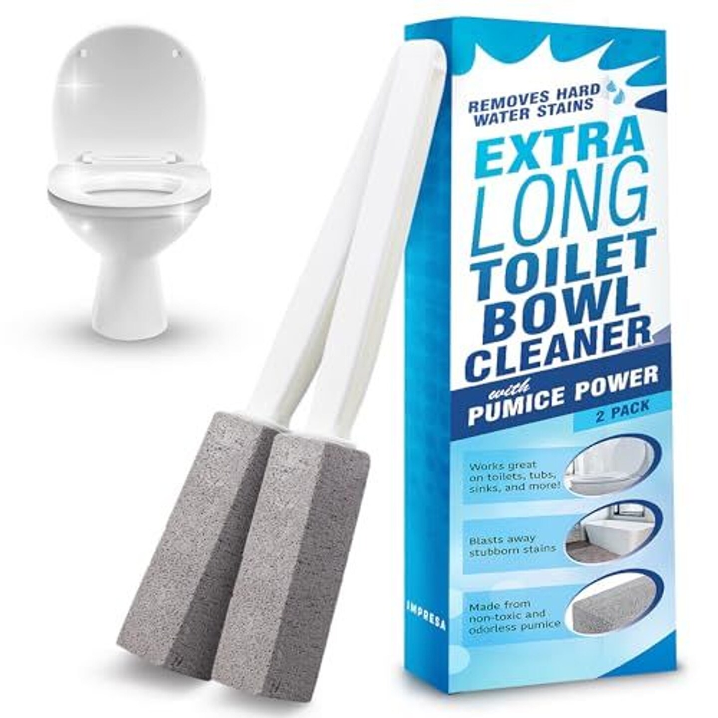 IMPRESA Pumice Stone Toilet Cleaner with Handle - 2 Count, White Hard Water Stain Remover & Toilet Bowl Cleaner - Versatile Pool Tile & Grout Cleaning Tool