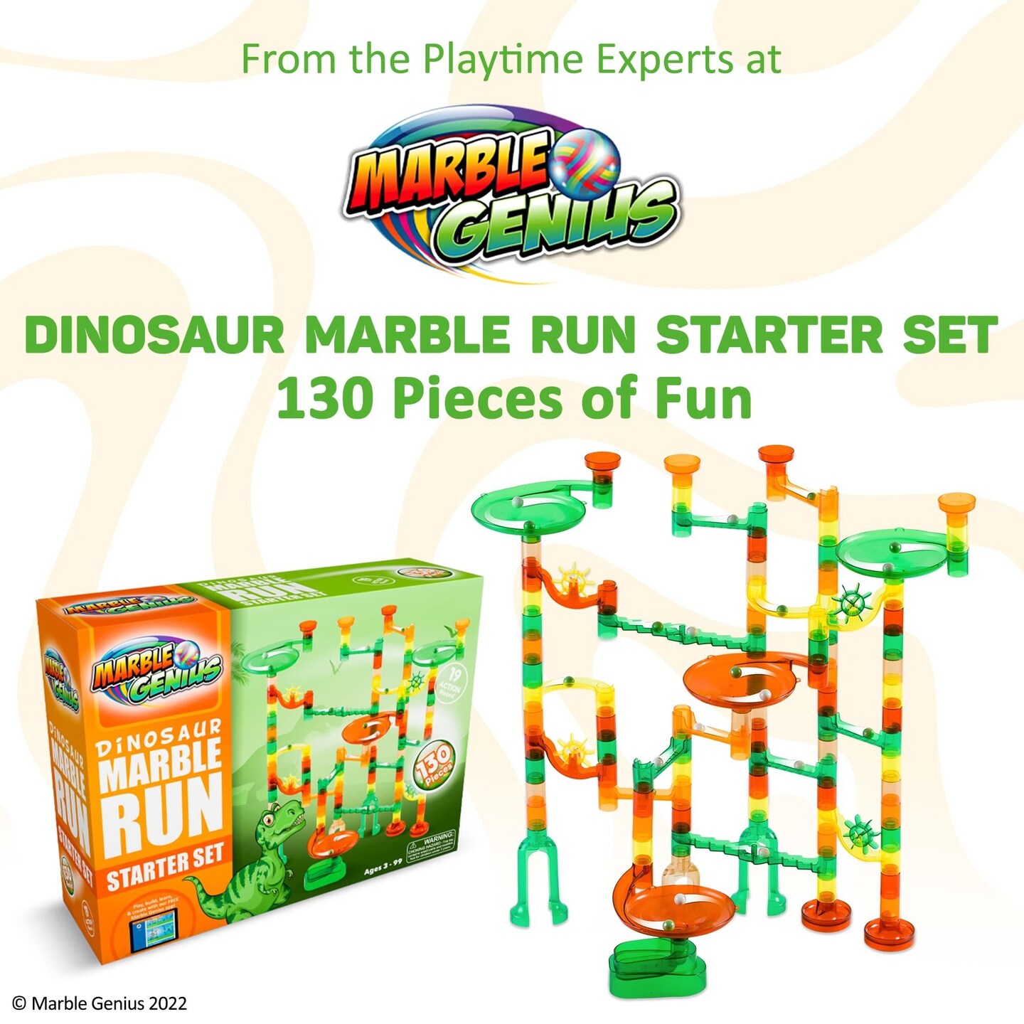 Marble Genius Marble Run Starter Set STEM Toy for Kids Ages 4 - 12 - 130 Complete Pieces (80 Translucent Marbulous Pieces and 50 Glass Marbles), Construction Building Block Toys, Theme (Dinosaur)