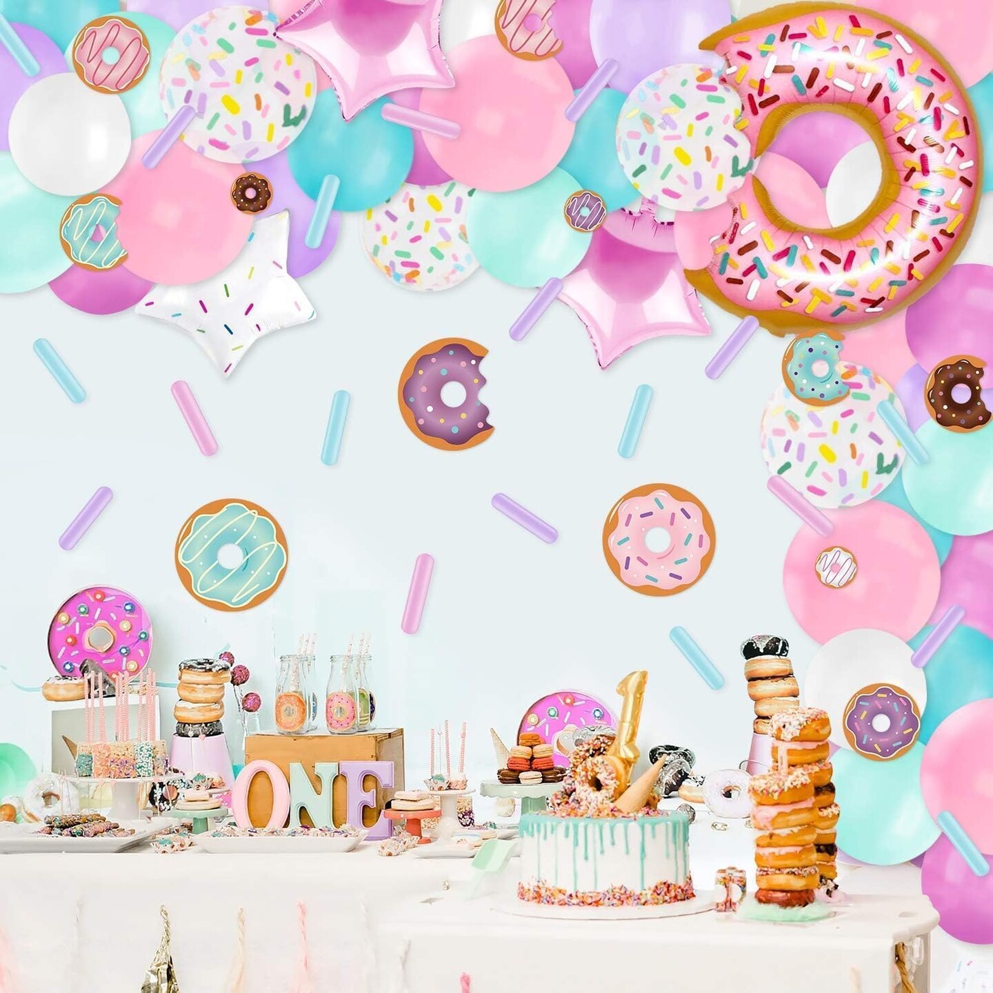 100 PCS Donut Balloons Garland Pastel Decoration Kits Sprinkles Confetti Doughnut Backdrop Cutouts Kids Birthday Party Balloons Arch Photo Props Favor Ideas Supplies