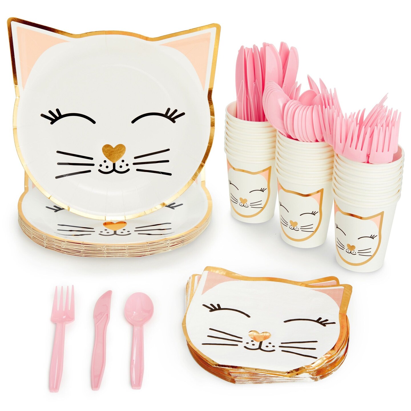 144 Pieces Cat Themed Birthday Party Supplies, Kitty Dinnerware Set with Plates, Napkins, Cups, and Cutlery (Serves 24)