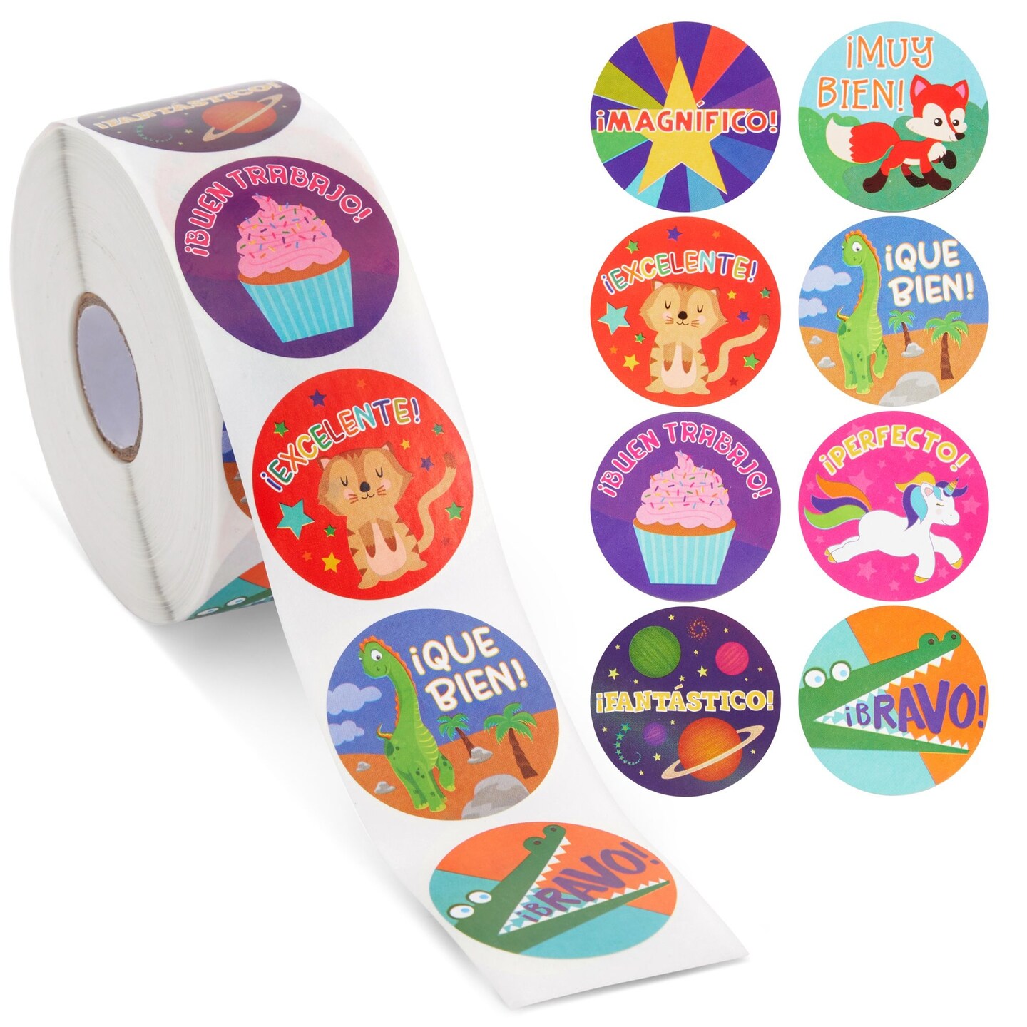 1000 Pack Spanish Motivational Stickers for Classroom - Bulk Reward Stickers for Kids, Teacher School Supplies (8 Assorted Designs, 1.5 in)