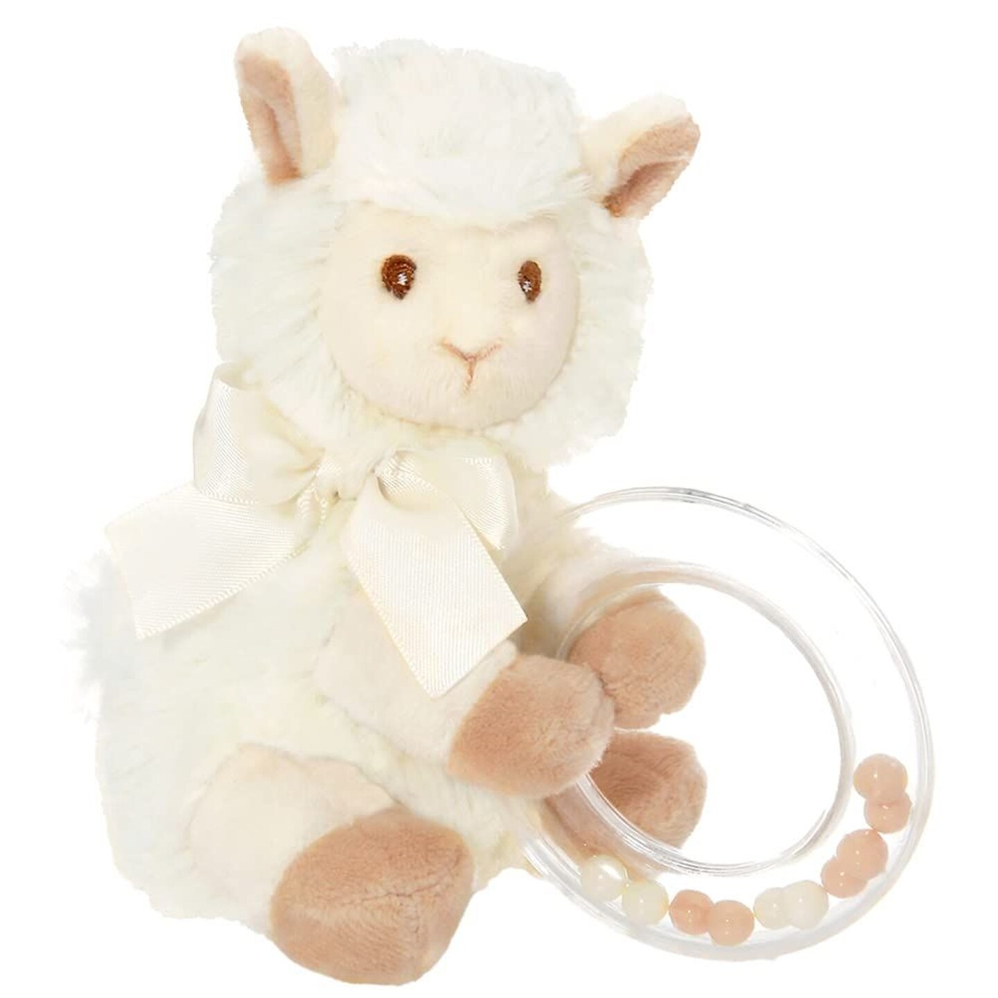 Bearington Baby Lil&#x2019; Alma Stuffed Animal Rattle: 5.5&#x201D; Llama Shaker Toy with Soft Plush Faux-Fur, Satin Bow, Clear Ring and Moving Beads; Makes a Great Baby Shower Gift