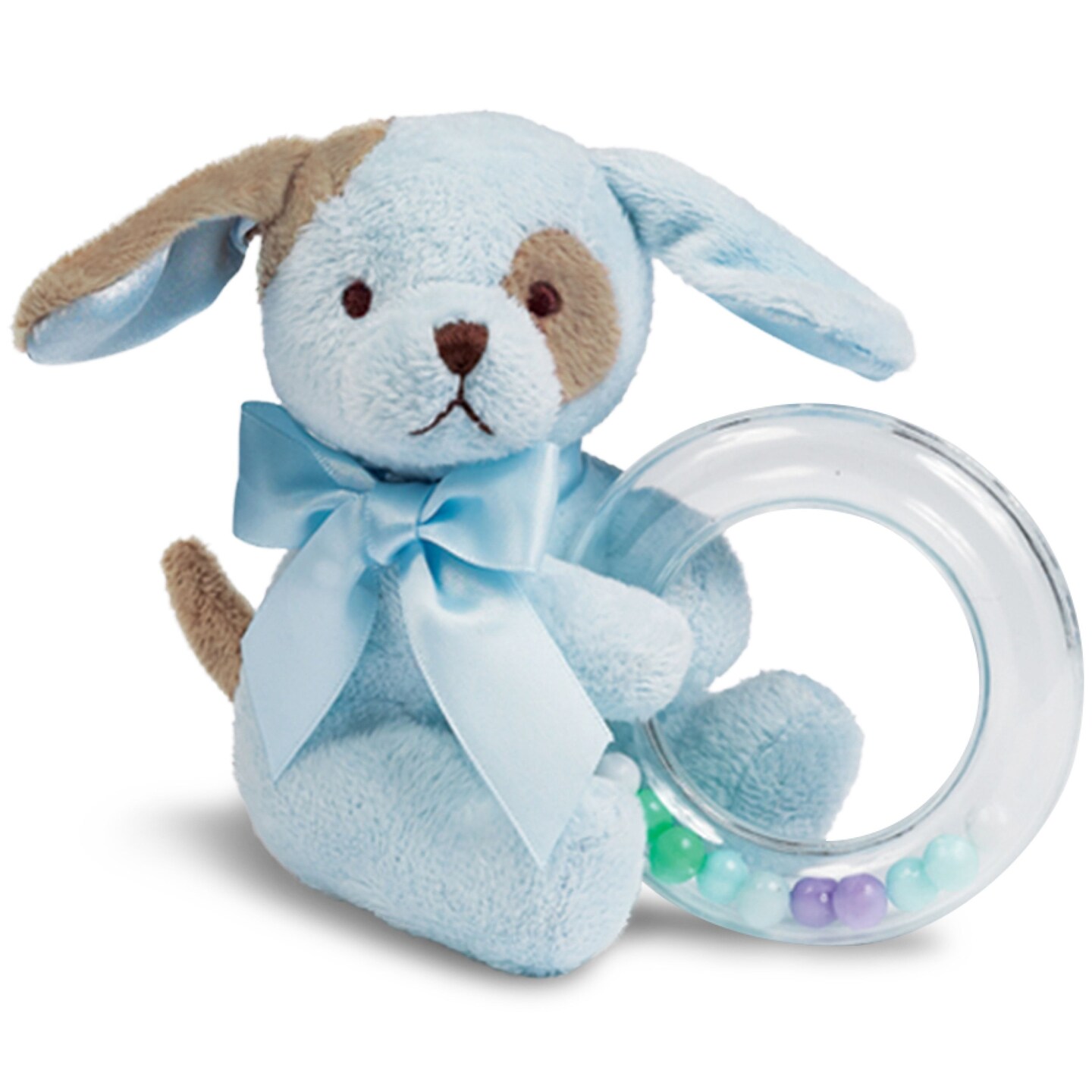 Bearington Baby Waggles Plush Stuffed Animal Blue Puppy Dog Shaker Toy Ring Rattle, 5&#x22;