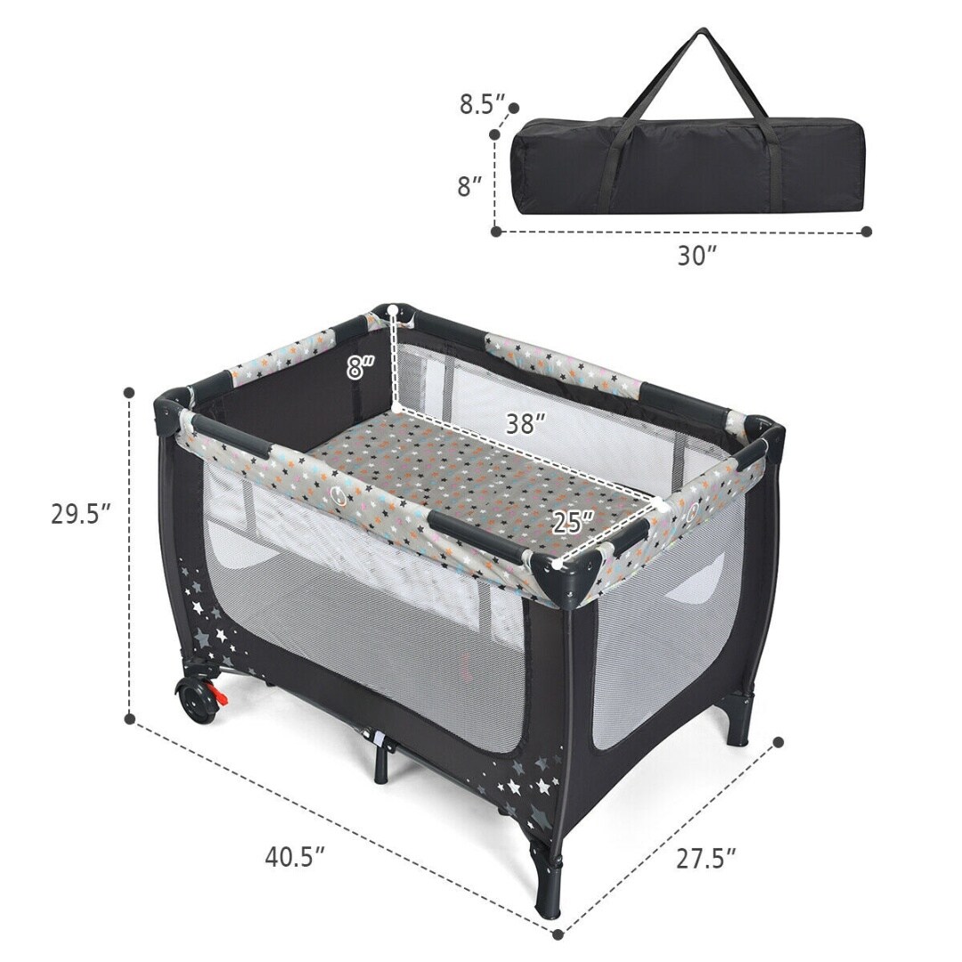 Foldable and Portable Baby Playpen with Mattress and Two Universal Wheels